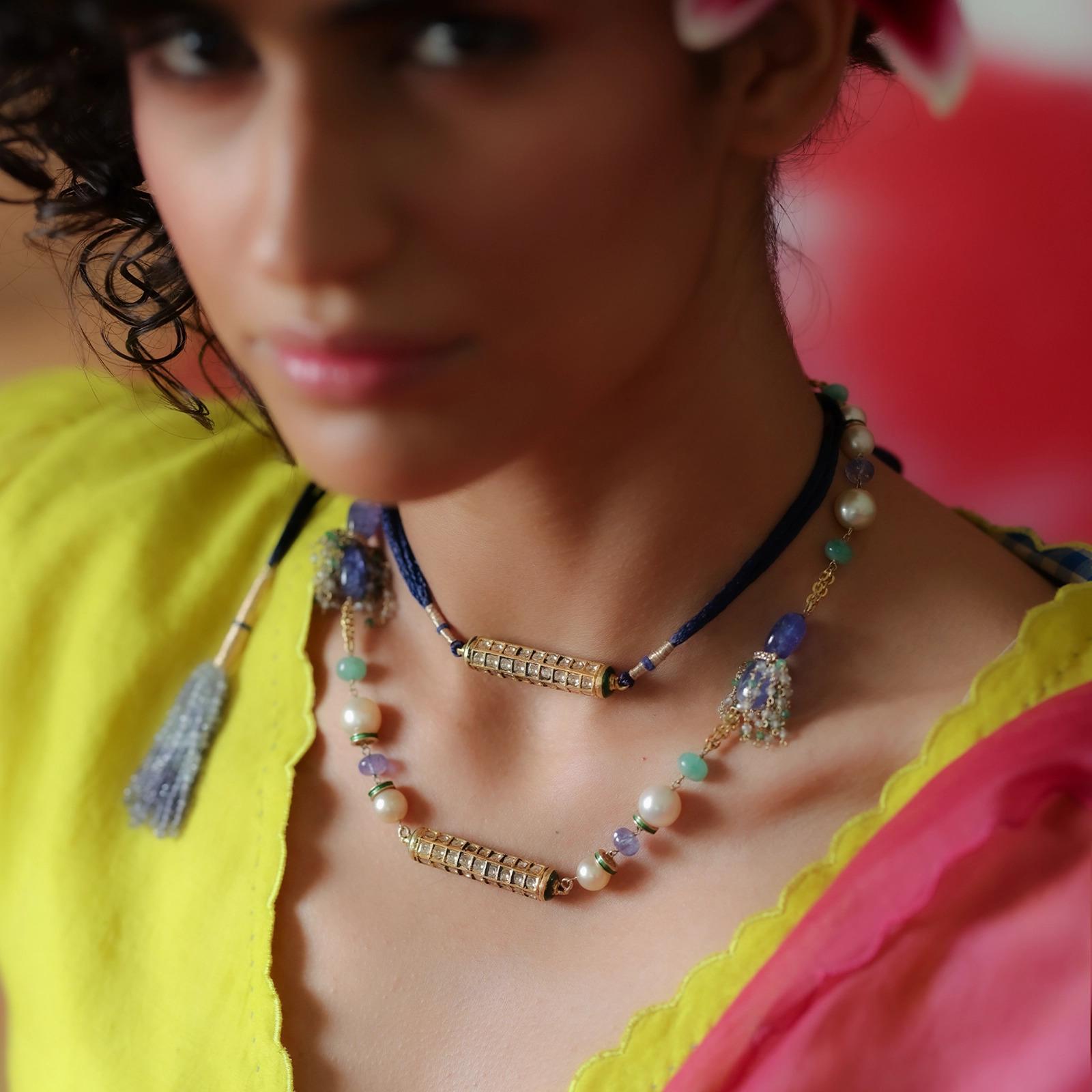 Rose Cut Ineya Gold Diamond Emerald Tanzanite Labradorite Enamel and South Sea Pearl Neck For Sale
