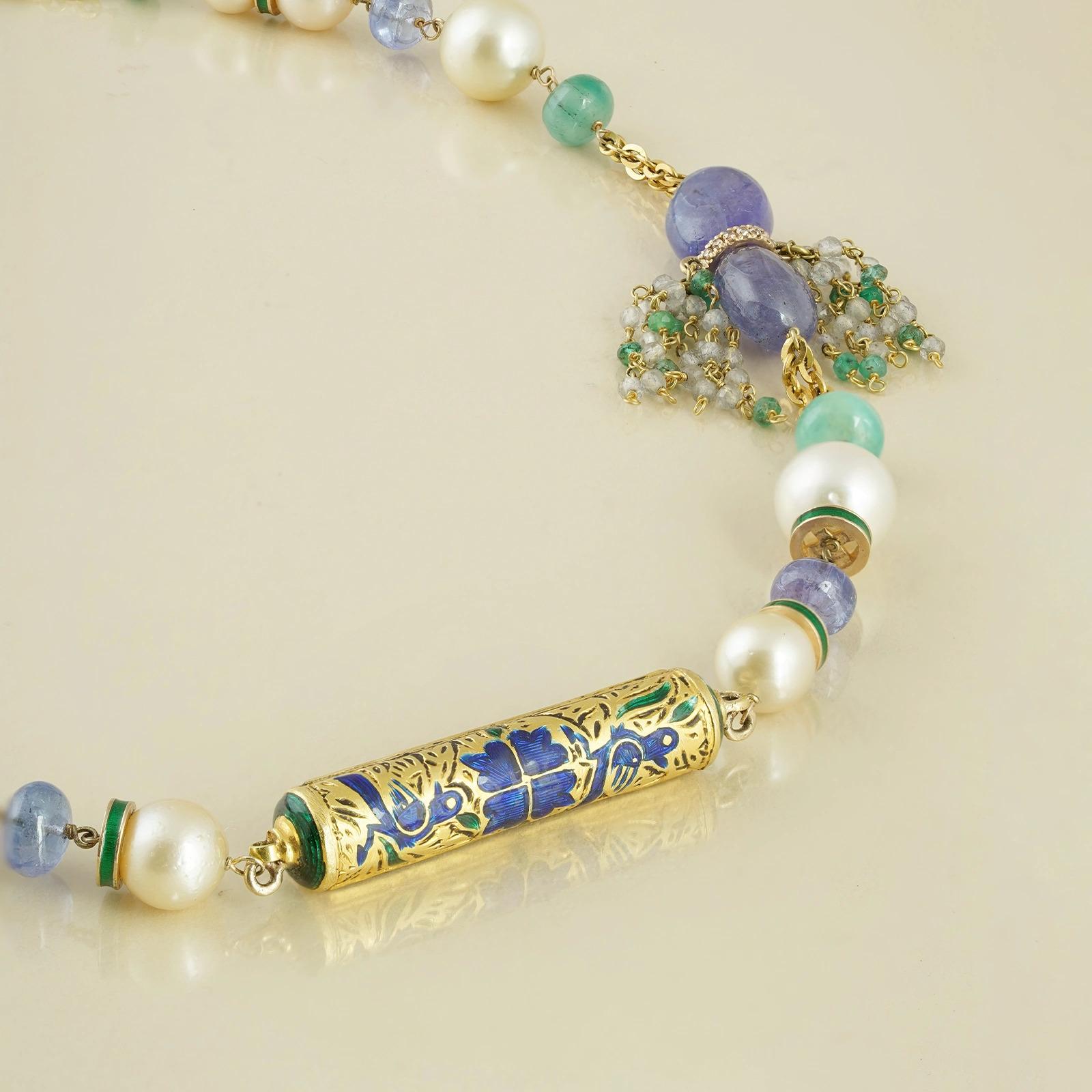 Ineya Gold Diamond Emerald Tanzanite Labradorite Enamel and South Sea Pearl Neck In New Condition For Sale In Lawrenceville, GA