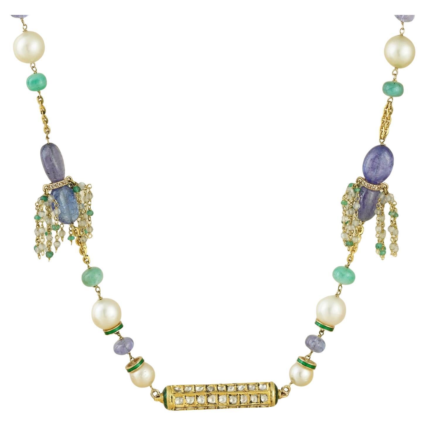 Ineya Gold Diamond Emerald Tanzanite Labradorite Enamel and South Sea Pearl Neck For Sale
