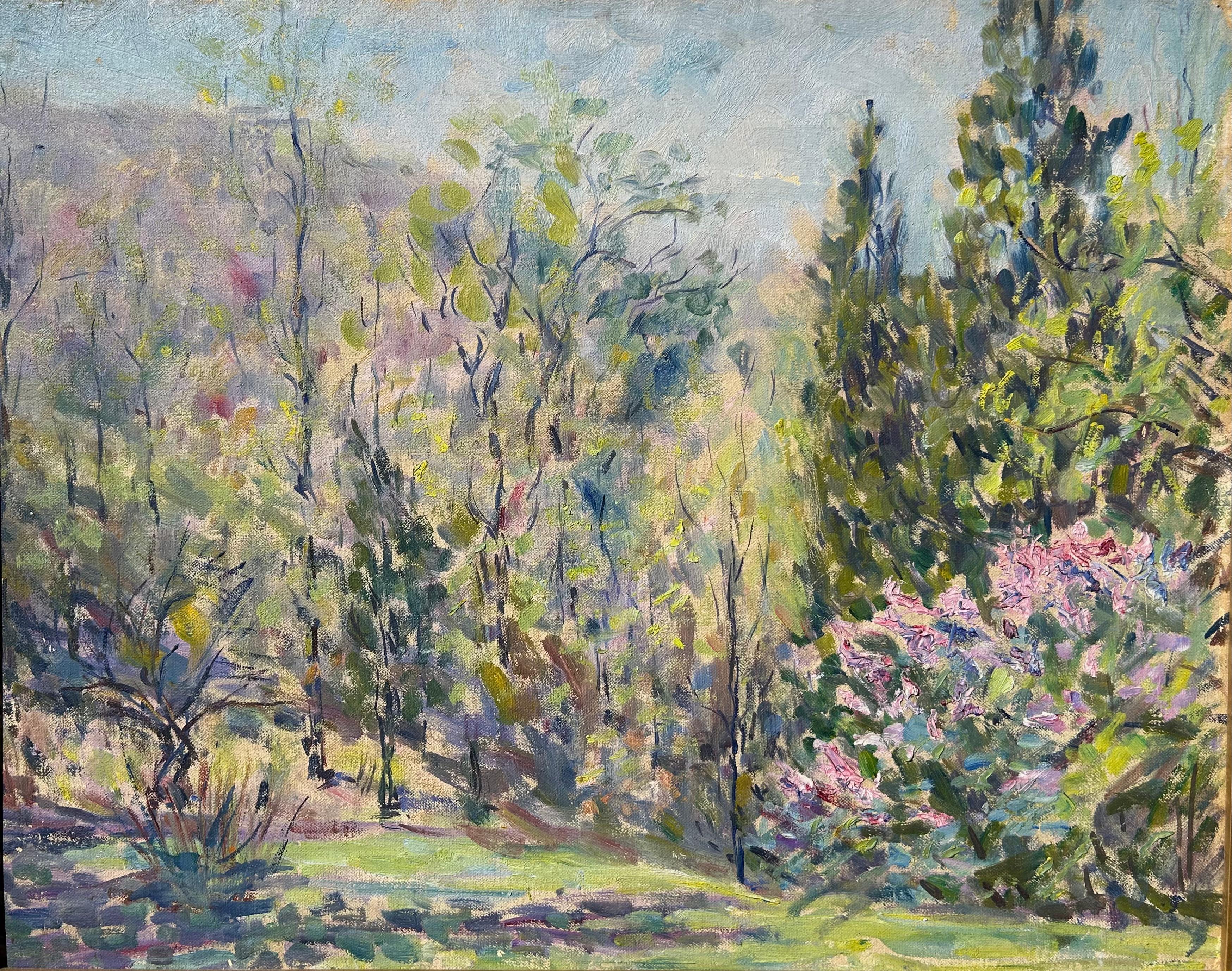 Paesaggio a olio impressionista con scena di foresta - Painting di Inez Abernathy