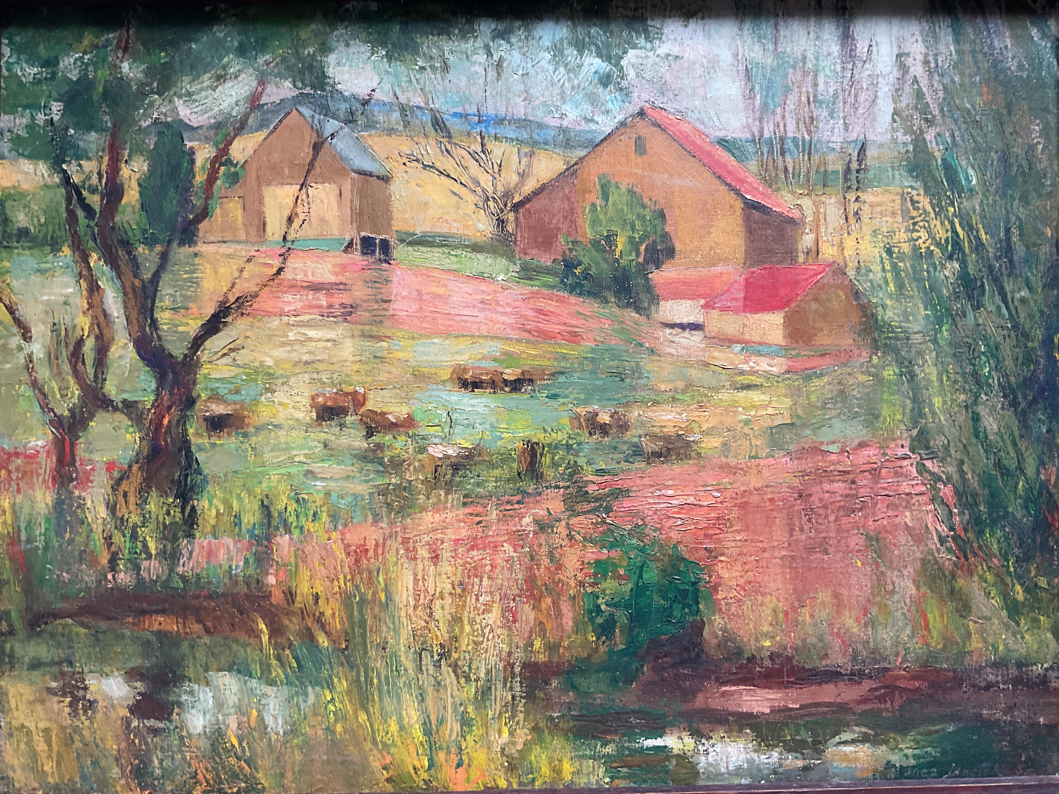 Vintage American Pennsylvania Farm Landschaft; Signiert Öl auf Leinwand, ca 1940's – Painting von Inez Dunnick Smith