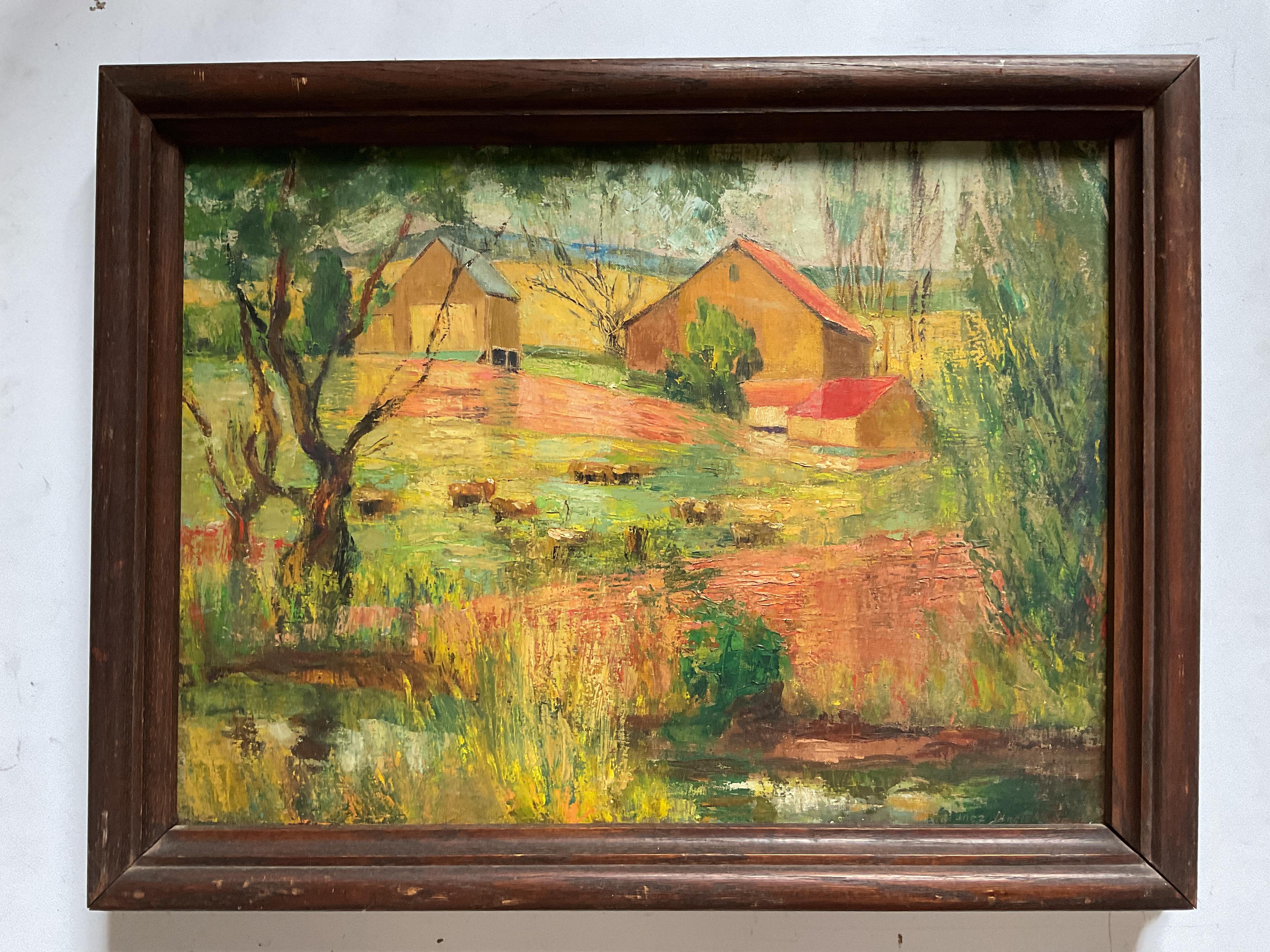 Inez Dunnick Smith Landscape Painting – Vintage American Pennsylvania Farm Landschaft; Signiert Öl auf Leinwand, ca 1940's