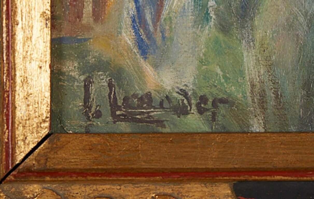 Inez Leander (1879-1969) dipinto a olio firmato. Montato su pannello, circa 16X12,5 pollici. Splendida cornice fatta a mano.
  