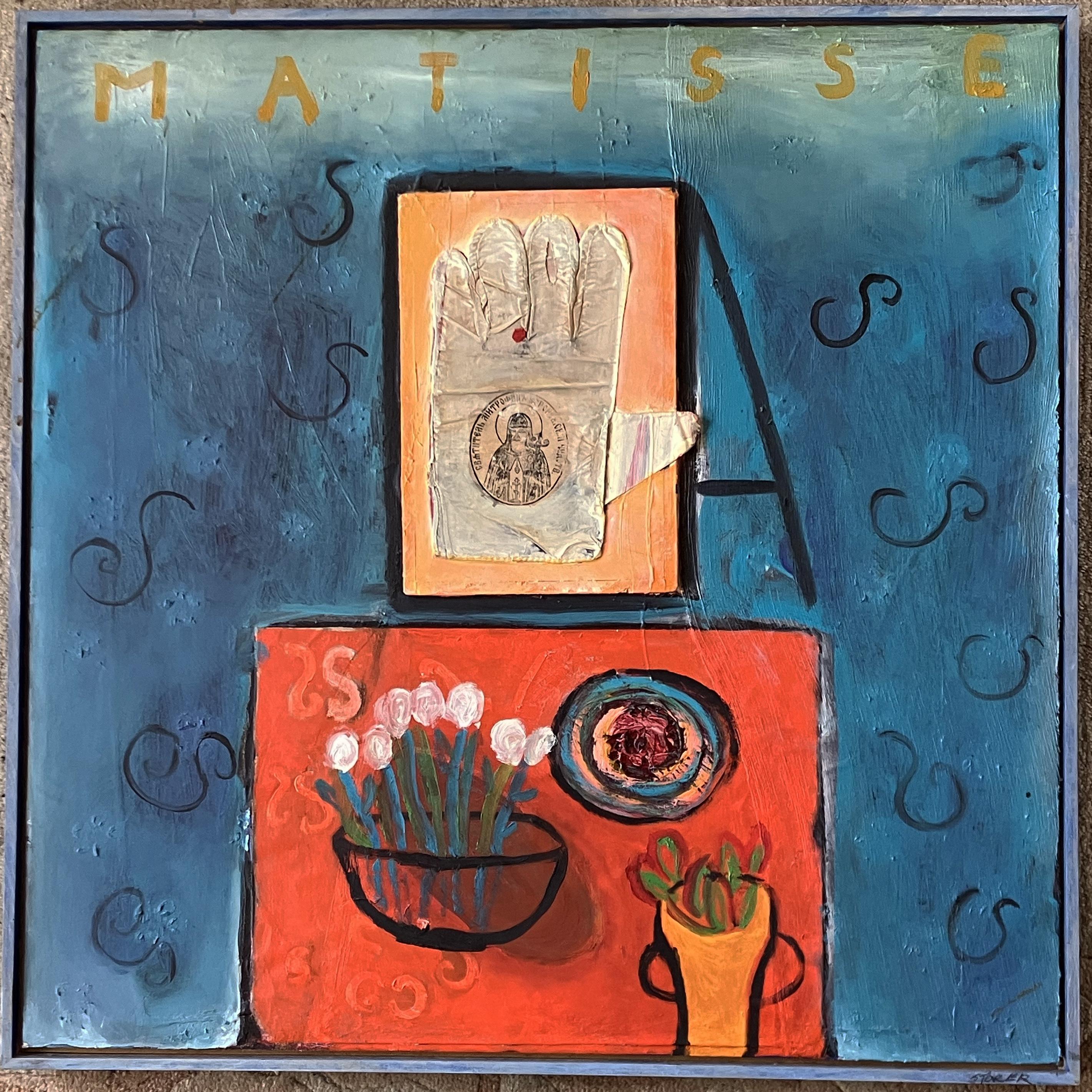 This artwork by noted American artist Inez Storer, b. 1933 is titled Homage to Matisse. The piece is composed of mixed media (oil paint, board, latex) with collage on board. The artwork measures 24 x 24 inches (25 x 25 inches, framed.)  It is