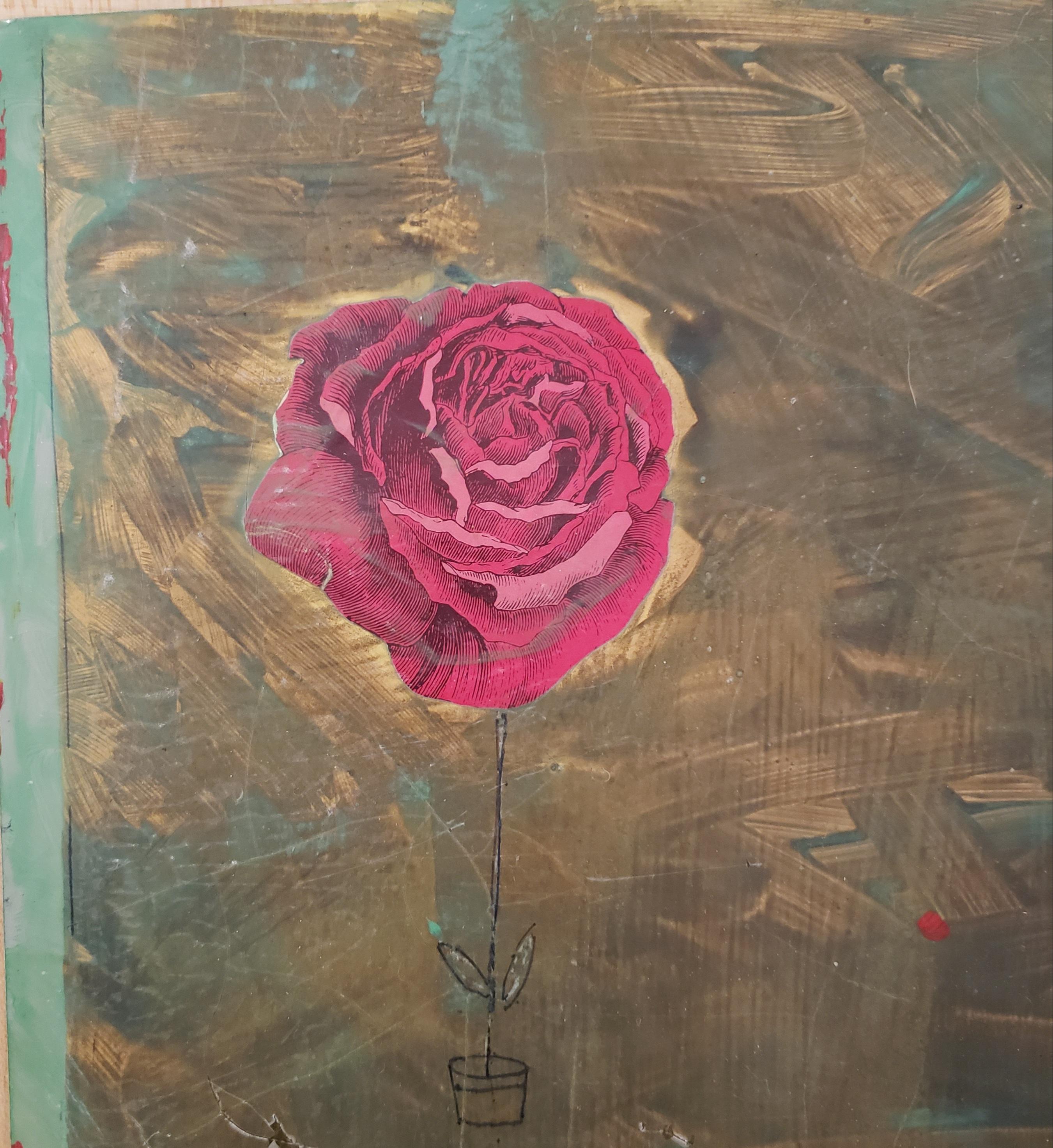 A Rose for My Faithful Fiend, Collage sur Médaille, 28 x 28 cm, Blotter, Cadre Personnalisé  - Painting de Inez Storer