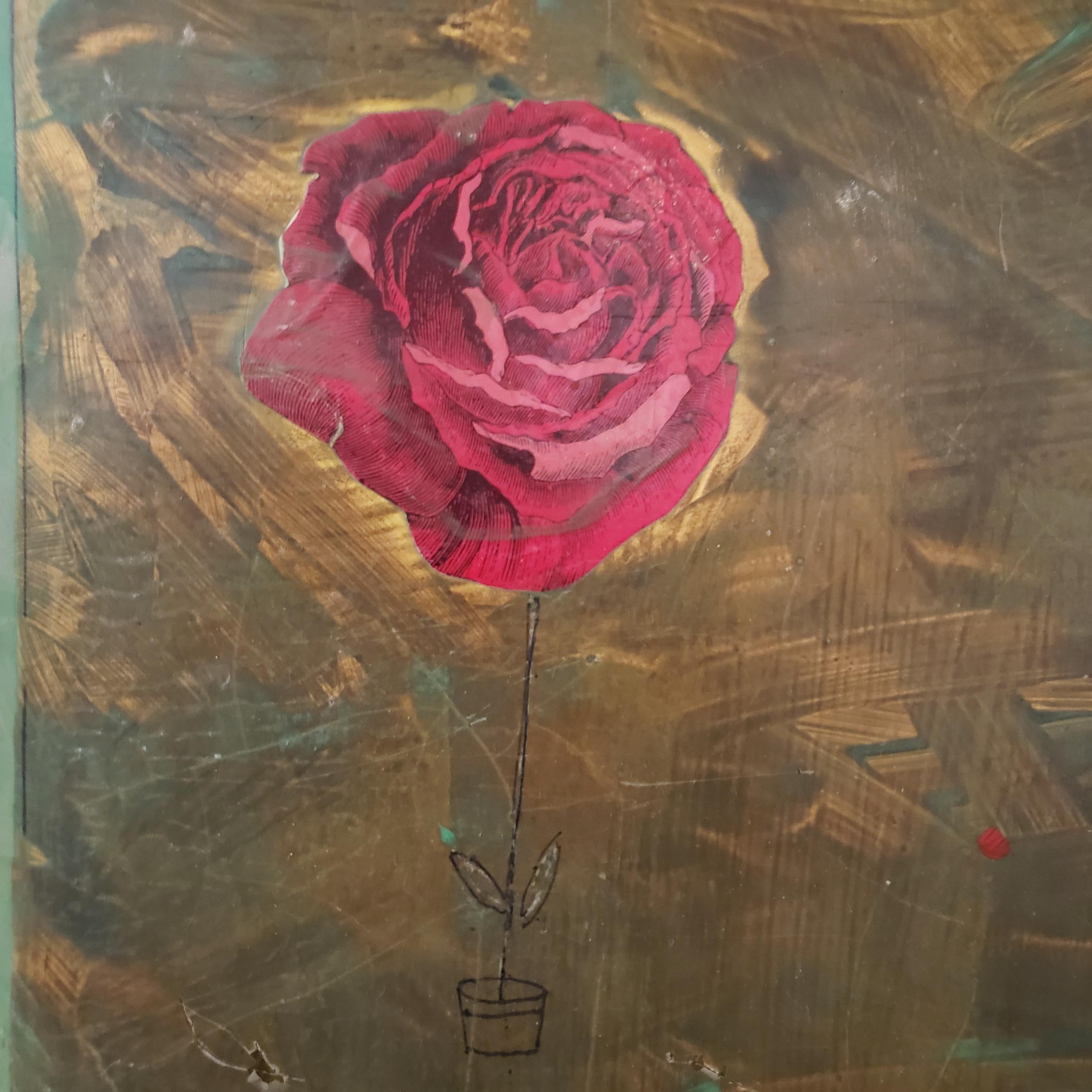 A Rose for My Faithful Fiend, Collage sur Médaille, 28 x 28 cm, Blotter, Cadre Personnalisé  - Marron Still-Life Painting par Inez Storer