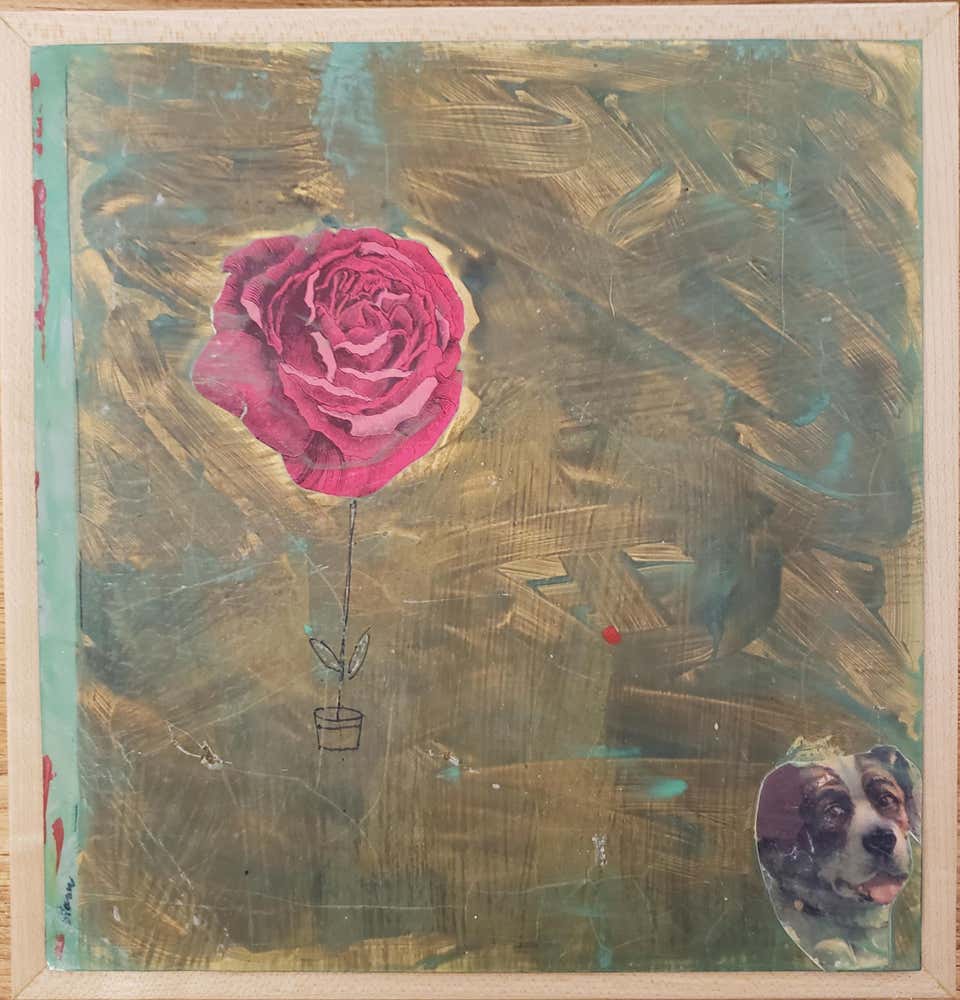 A Rose for My Faithful Fiend, Collage on Medal , 11 x 11, Blotter, Custom Frame
