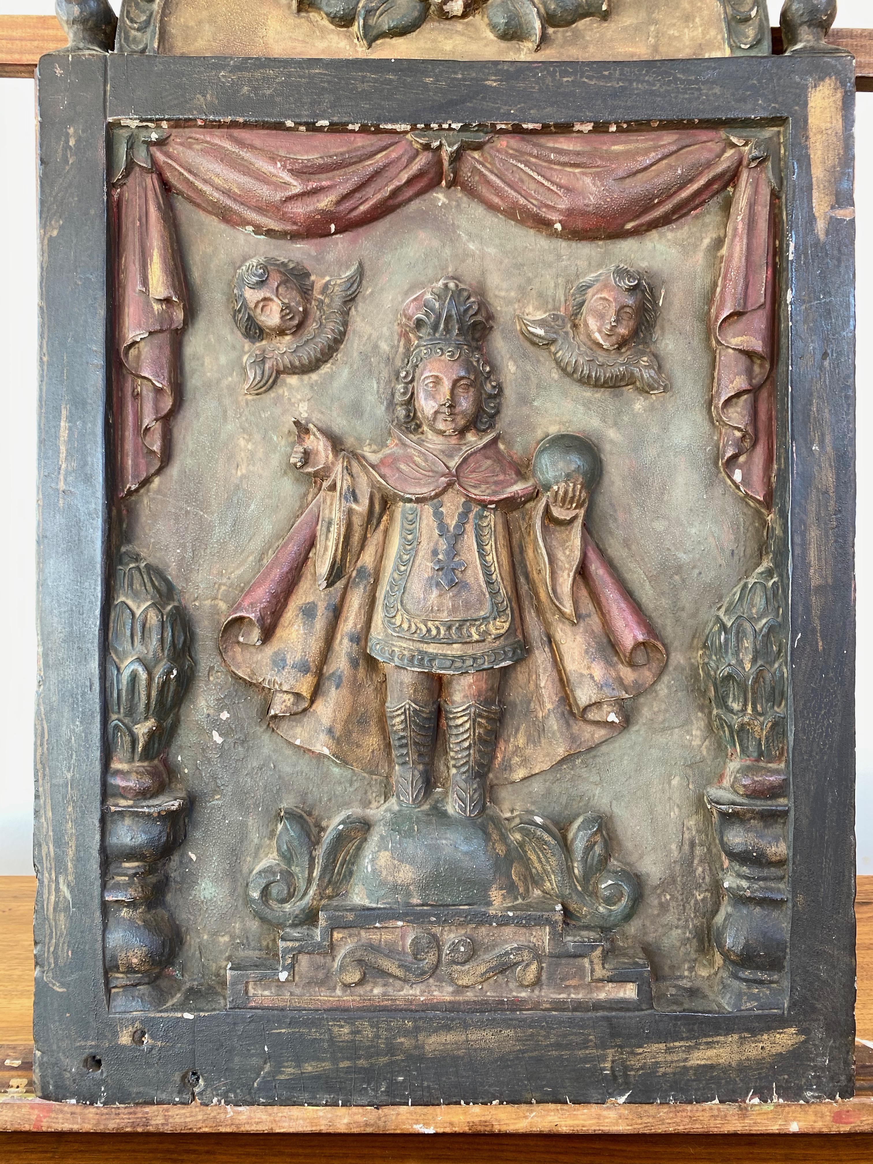 Renaissance Infant Jesus of Prague Hand Carved and Painted Wood Plaque, Early 19th Century