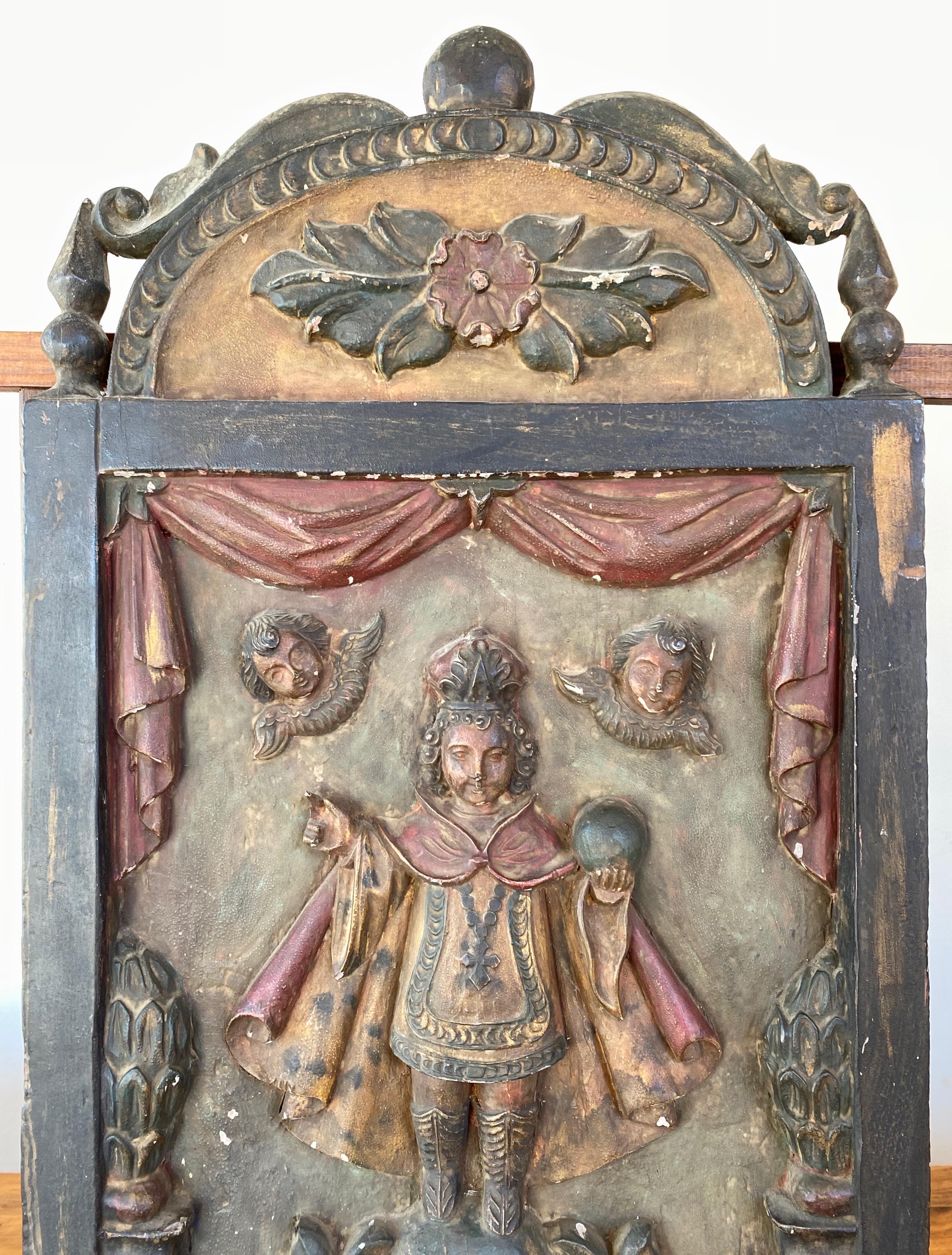 Infant Jesus of Prague Hand Carved and Painted Wood Plaque, Early 19th Century 3