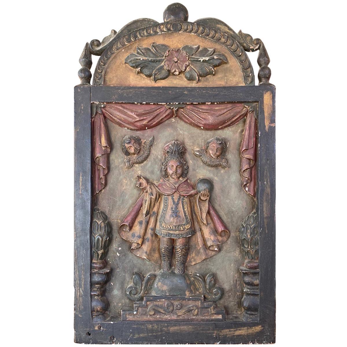 Infant Jesus of Prague Hand Carved and Painted Wood Plaque, Early 19th Century