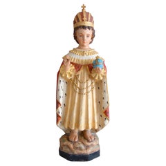 Infant Jesus of Prague, polychromatic & gilt plaster statue - 19th century