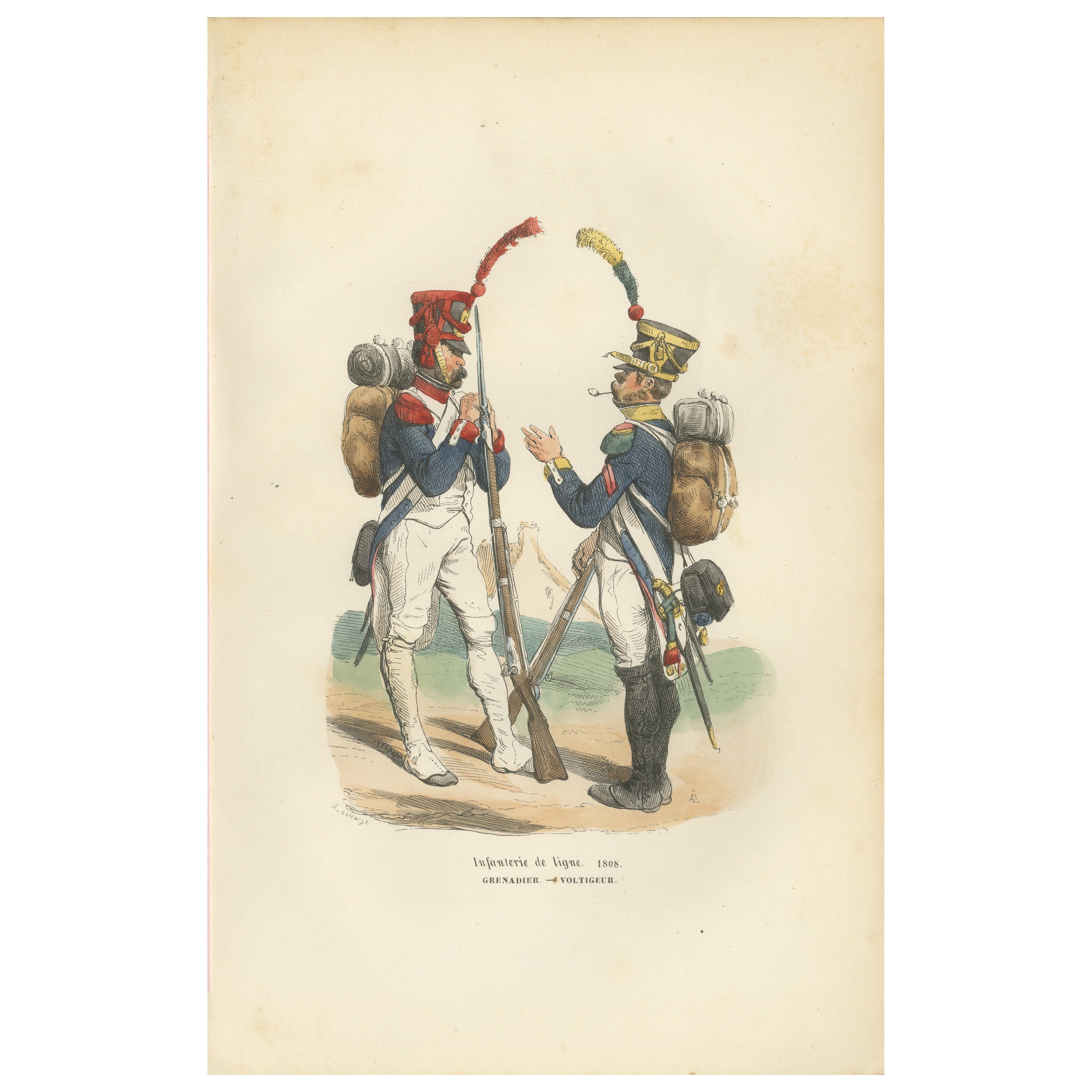 Infanterie de Ligne 1808, Grenadier and Voltigeur, Napoleonic Print, 1843