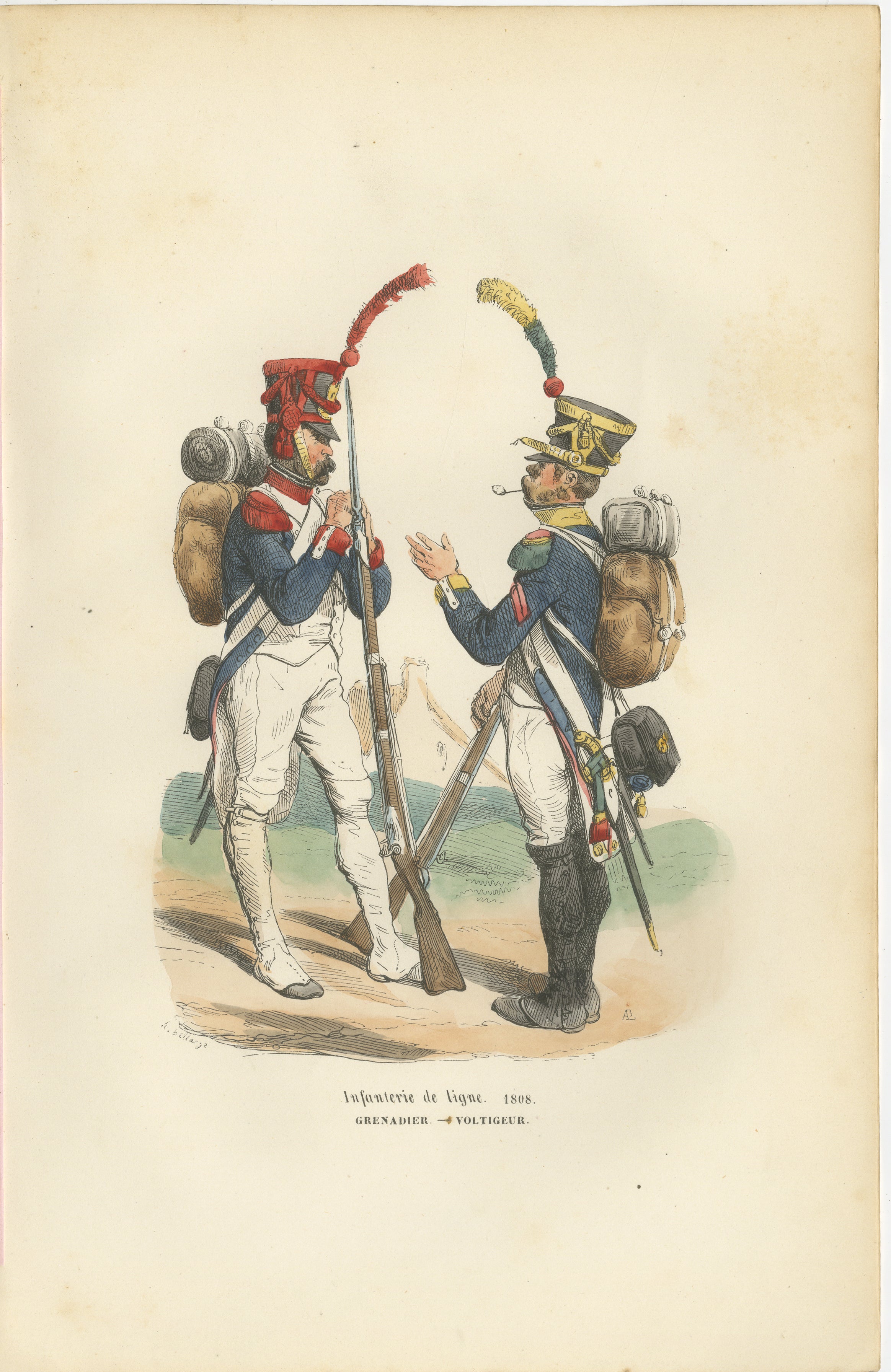 Infanterie de Ligne 1808, Grenadier and Voltigeur, Napoleonic Print, 1843