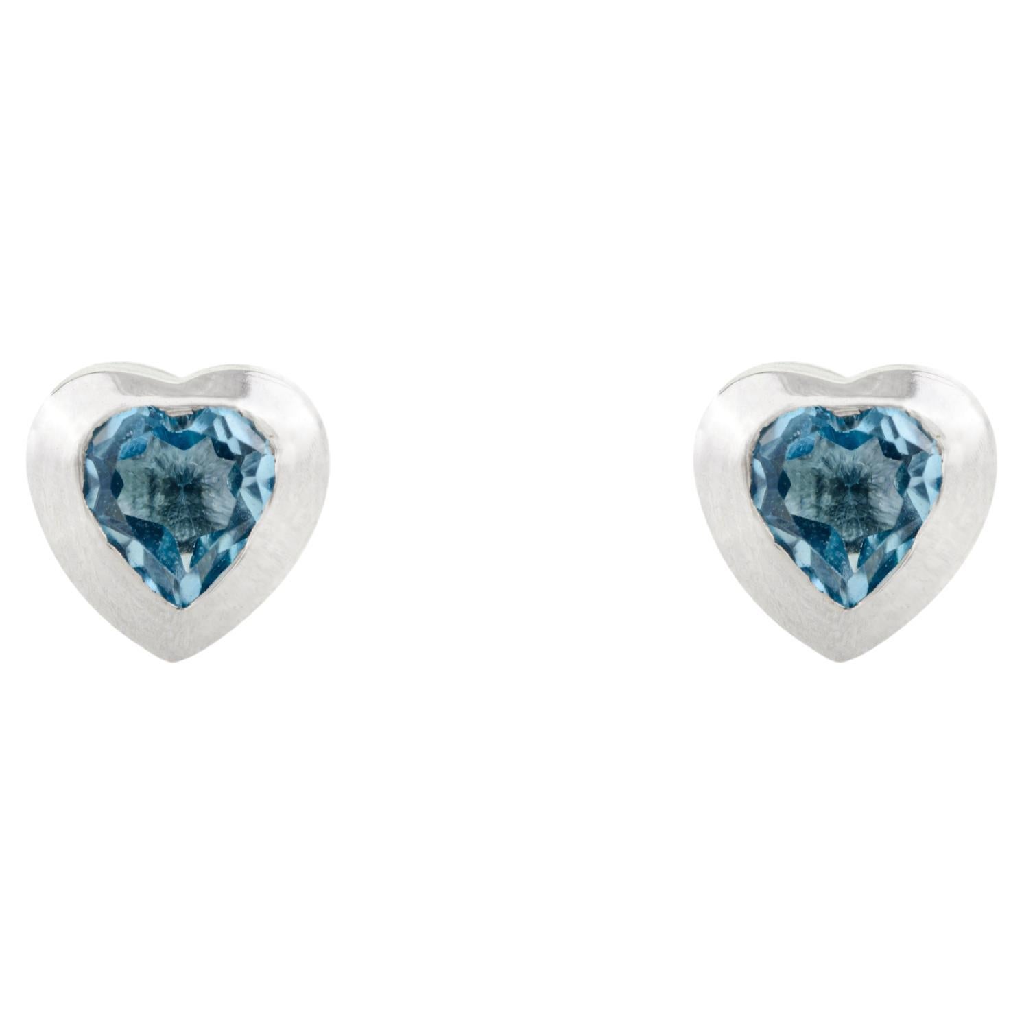 Infatuation Dainty Heart Shape Blue Topaz Stud Earrings in 14k White Gold