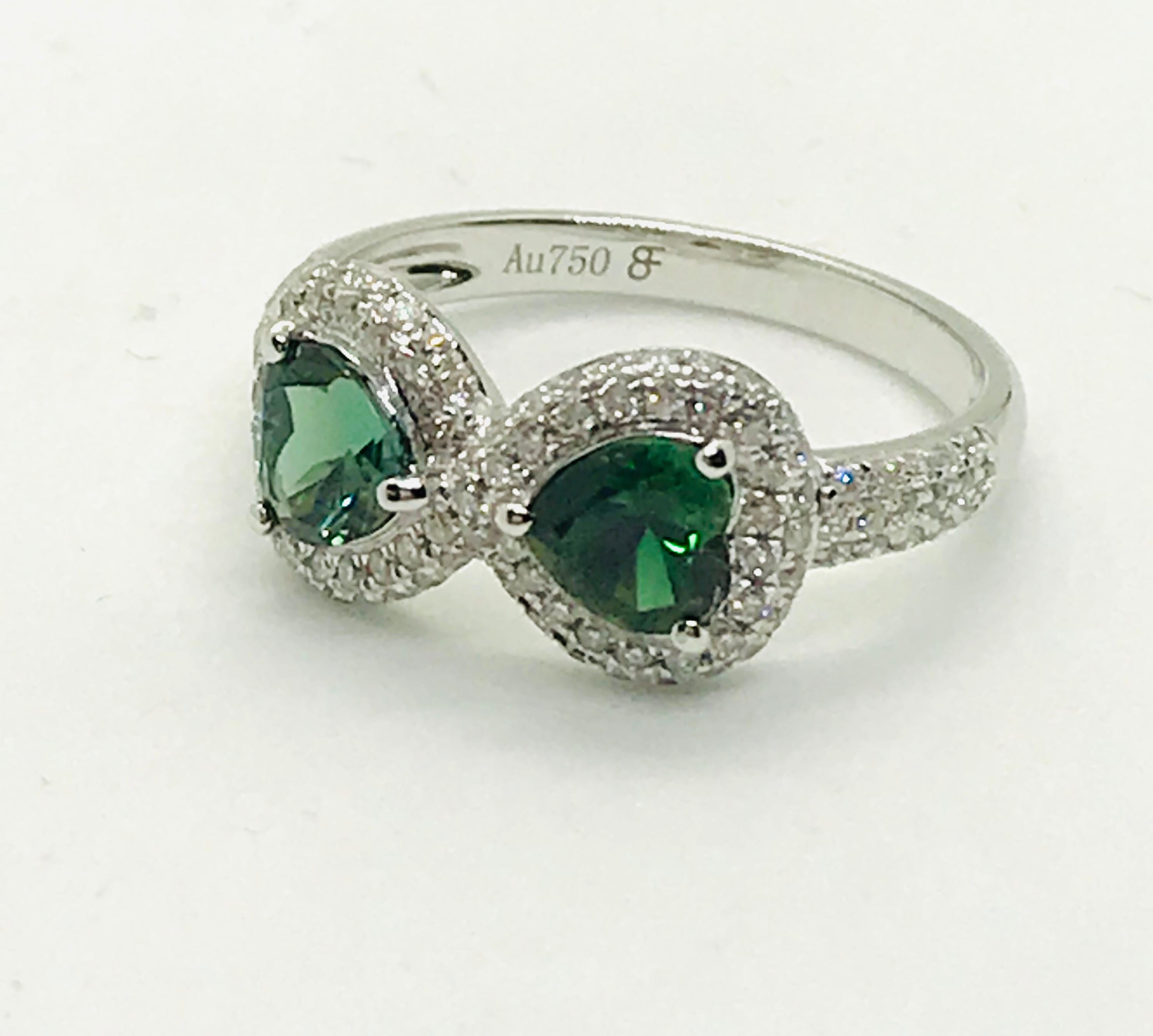 Modern “Infinite Eight of Hearts” Diamonds and Green Tourmaline Hearts Ring