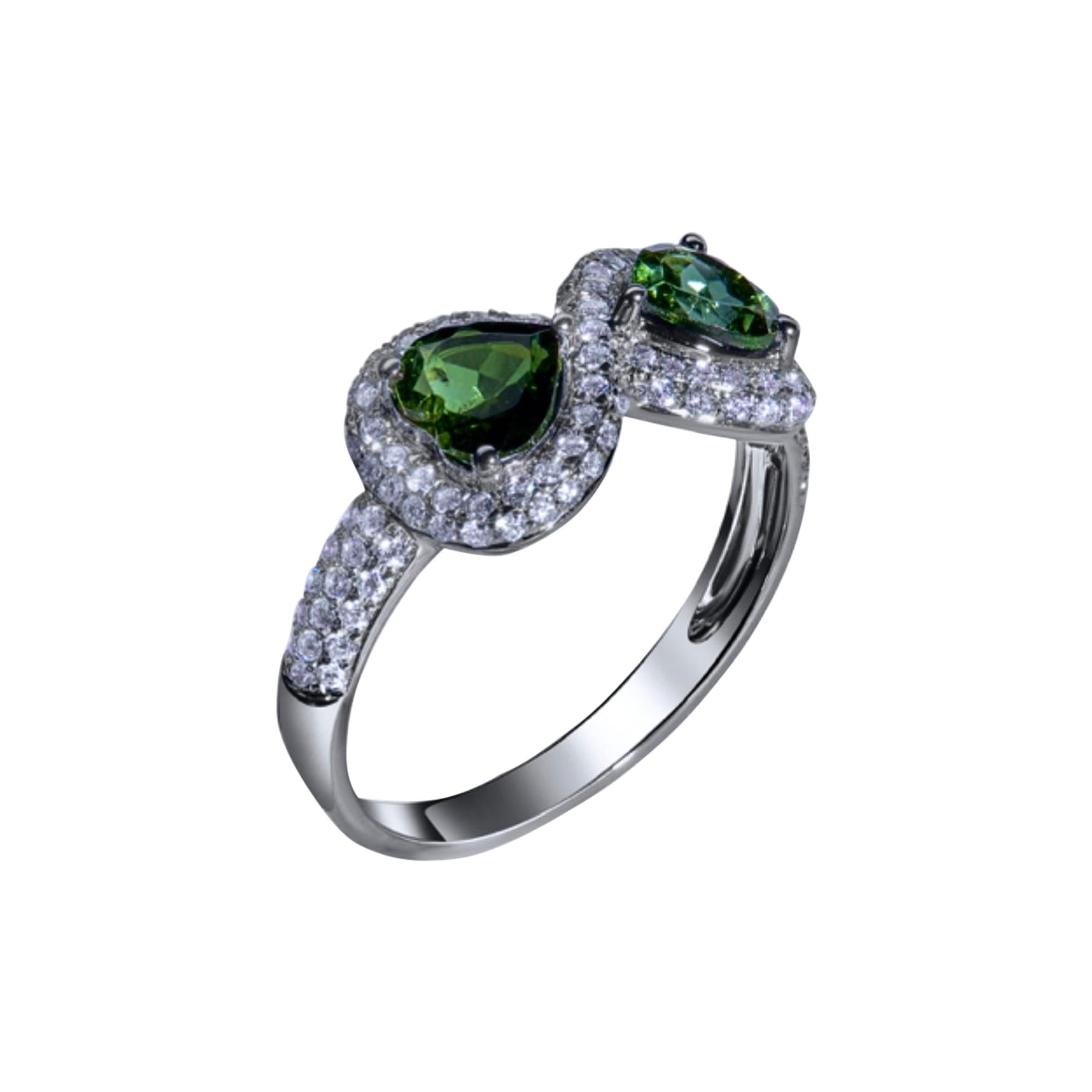 “Infinite Eight of Hearts” Diamonds and Green Tourmaline Hearts Ring