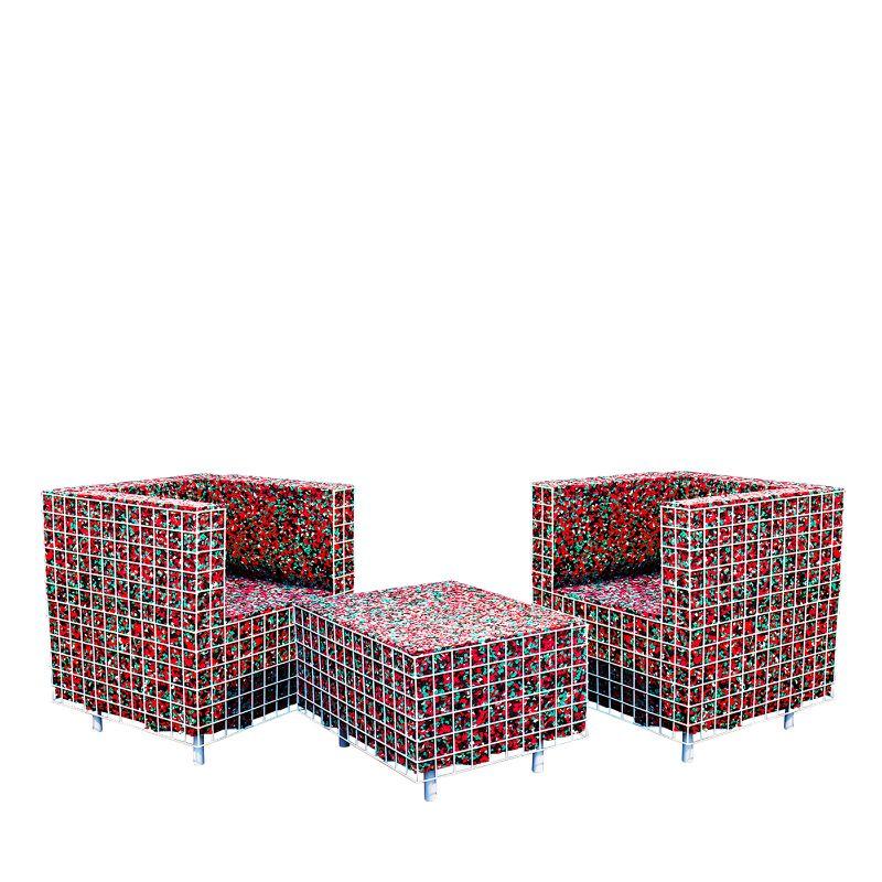 Recycled plastic foams from industrial waste is the innovative material that composes this colorful and intriguing furniture, it is auto-regenerating furniture. The material is light, suitable for outdoor, highly adjustable to custom needs, easy to