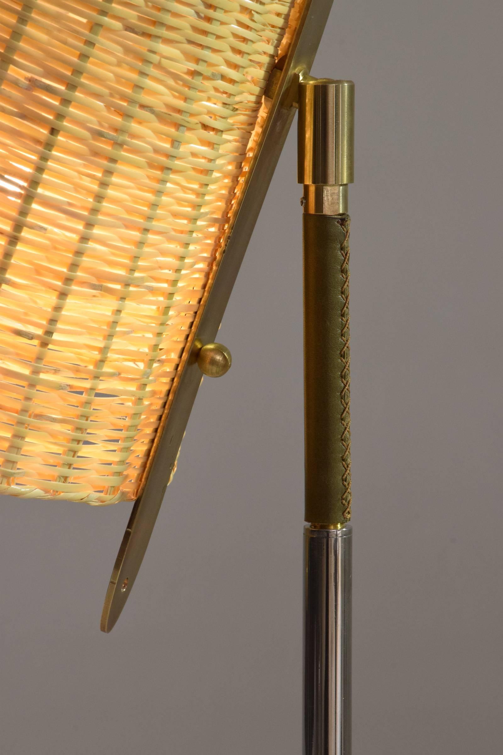 Leather Infinitus-II Contemporary Articulating Brass and Rattan Lamp, Flow Collection