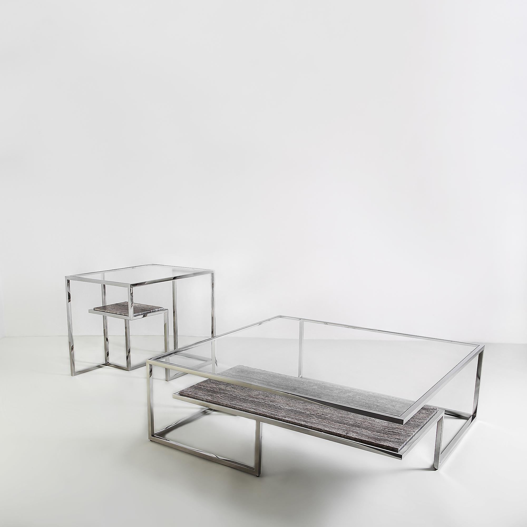 Modern Infinity, Coffee Table in Hand Polished Stainless Steel and Travertine Marble