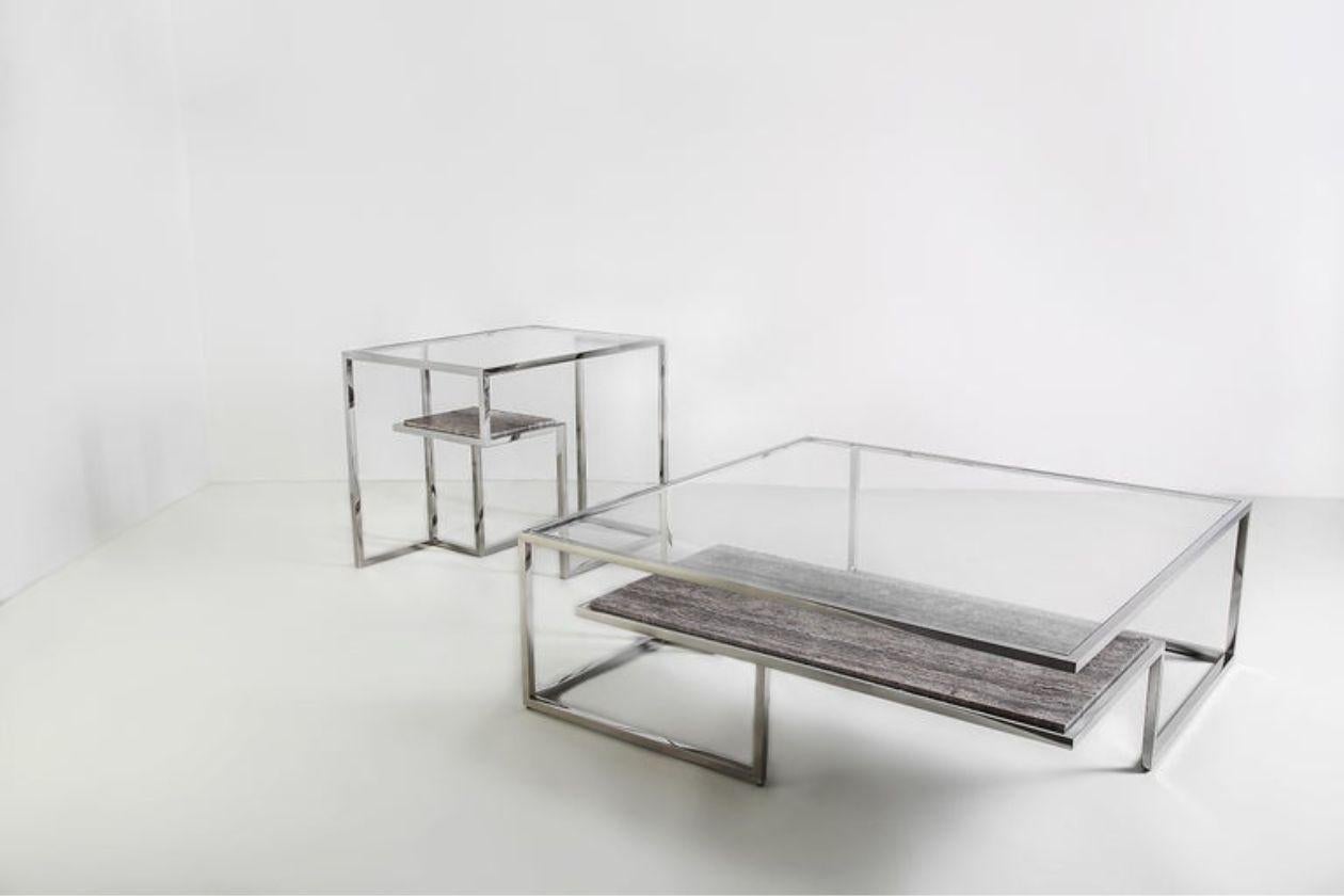 Contemporary Infinity, Console in Hand Polished Stainless Steel and Travertino Marble For Sale