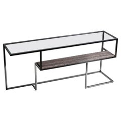 Infinity, Console in Hand Polished Stainless Steel and Travertino Marble