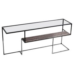 Infinity, Console in Hand Polished Stainless Steel and Travertino Marble