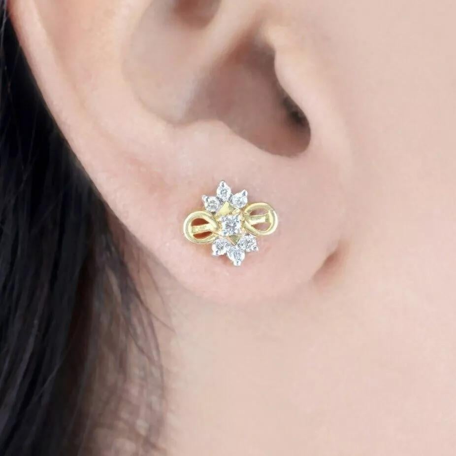 Round Cut Infinity Diamond Floral Design Earrings in 14K Solid Yellow Gold For Sale