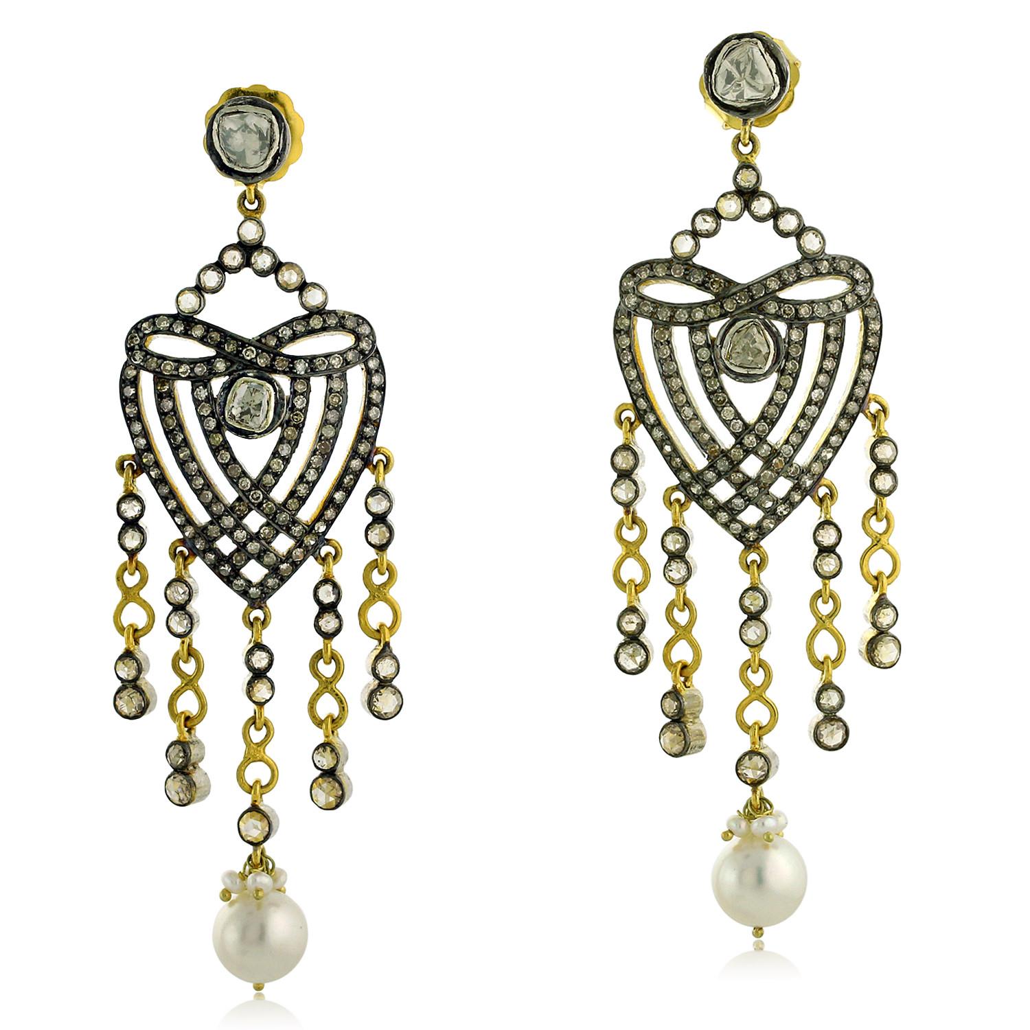 Mixed Cut Infinity & Heart Shaped Earrings with Pearl & Pave Diamonds in Gold & Silver For Sale