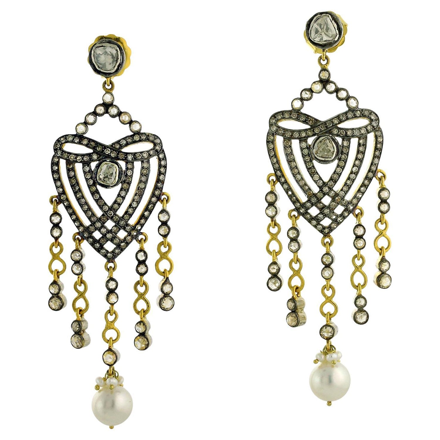 Infinity And Heart Shaped Earrings With Pearl And Pave Diamonds In Gold And Silver For Sale At 1stdibs