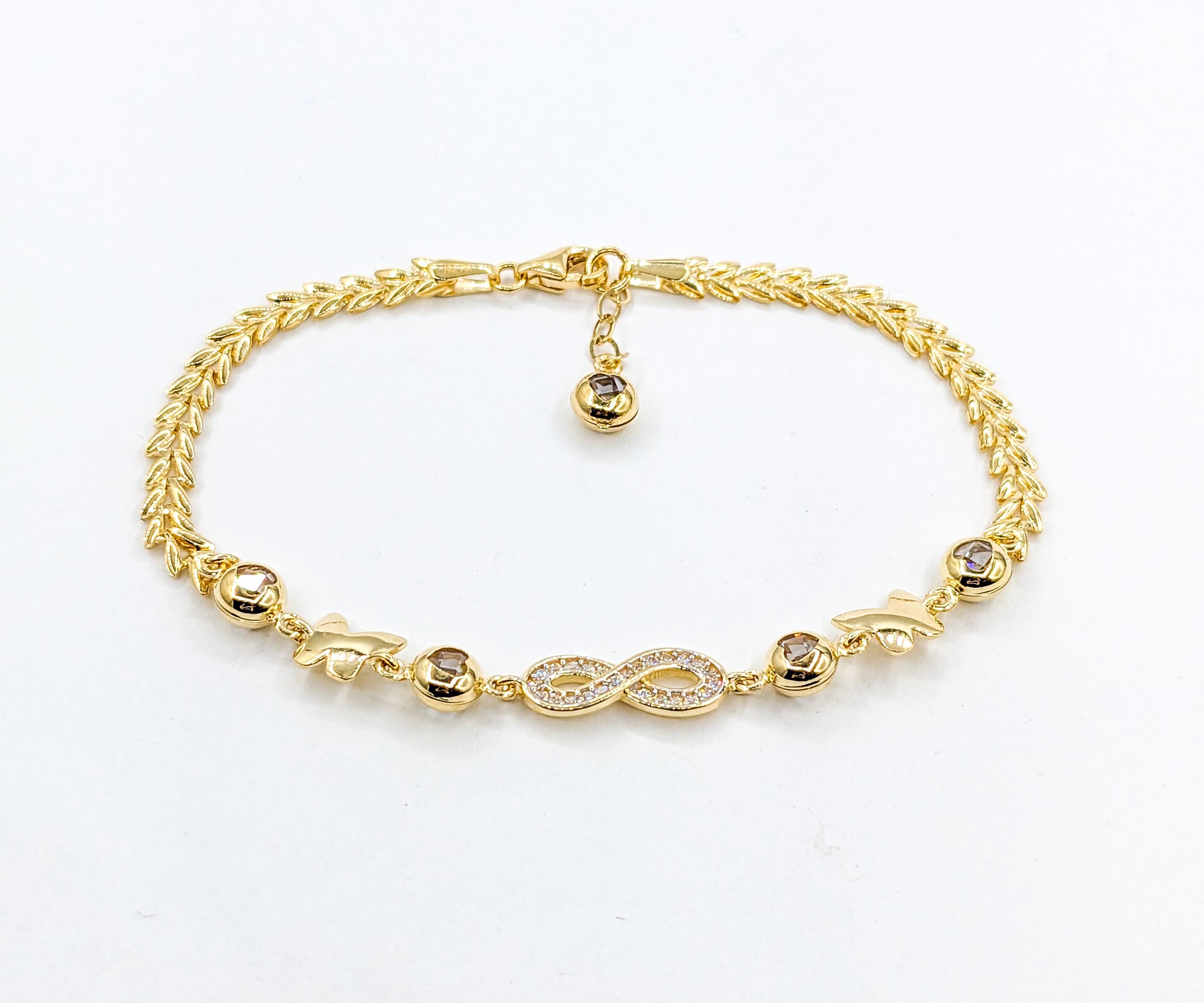 Infinity, Hearts & Butterflies CZ Stone Bracelet In Yellow Gold For Sale 2