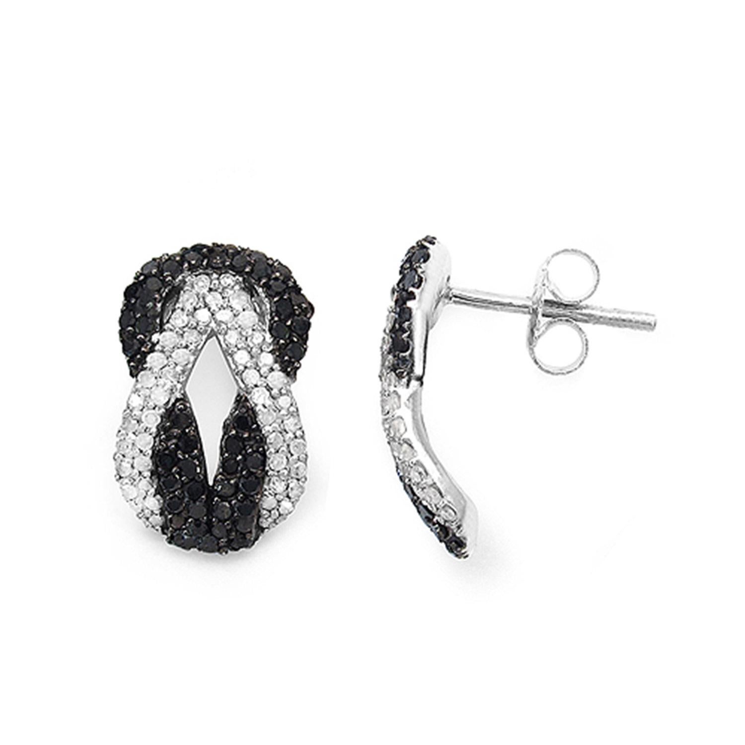 Round Cut Infinity Knot Stud Earrings Black and White Diamonds Sterling Silver For Sale