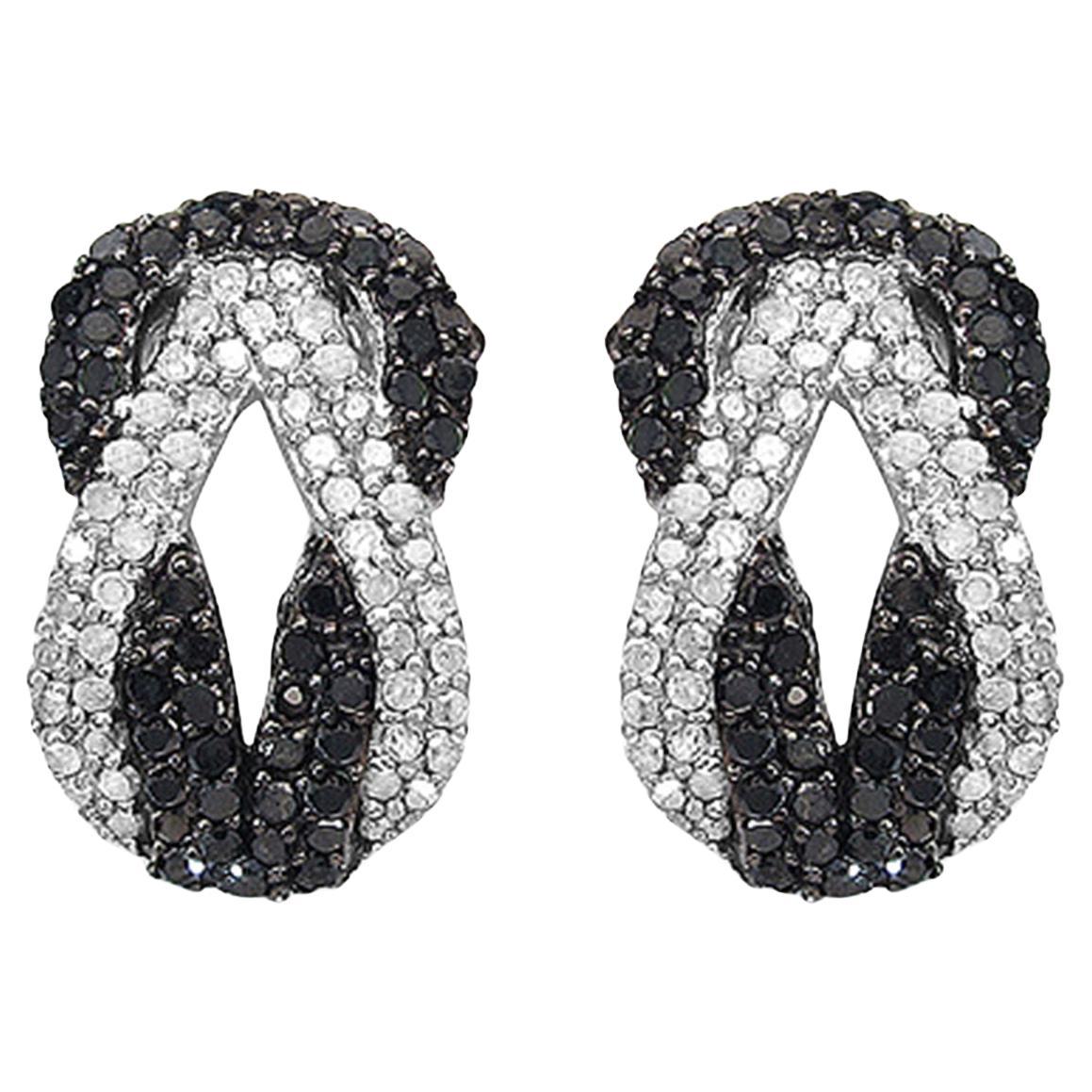 Infinity Knot Stud Earrings Black and White Diamonds Sterling Silver For Sale