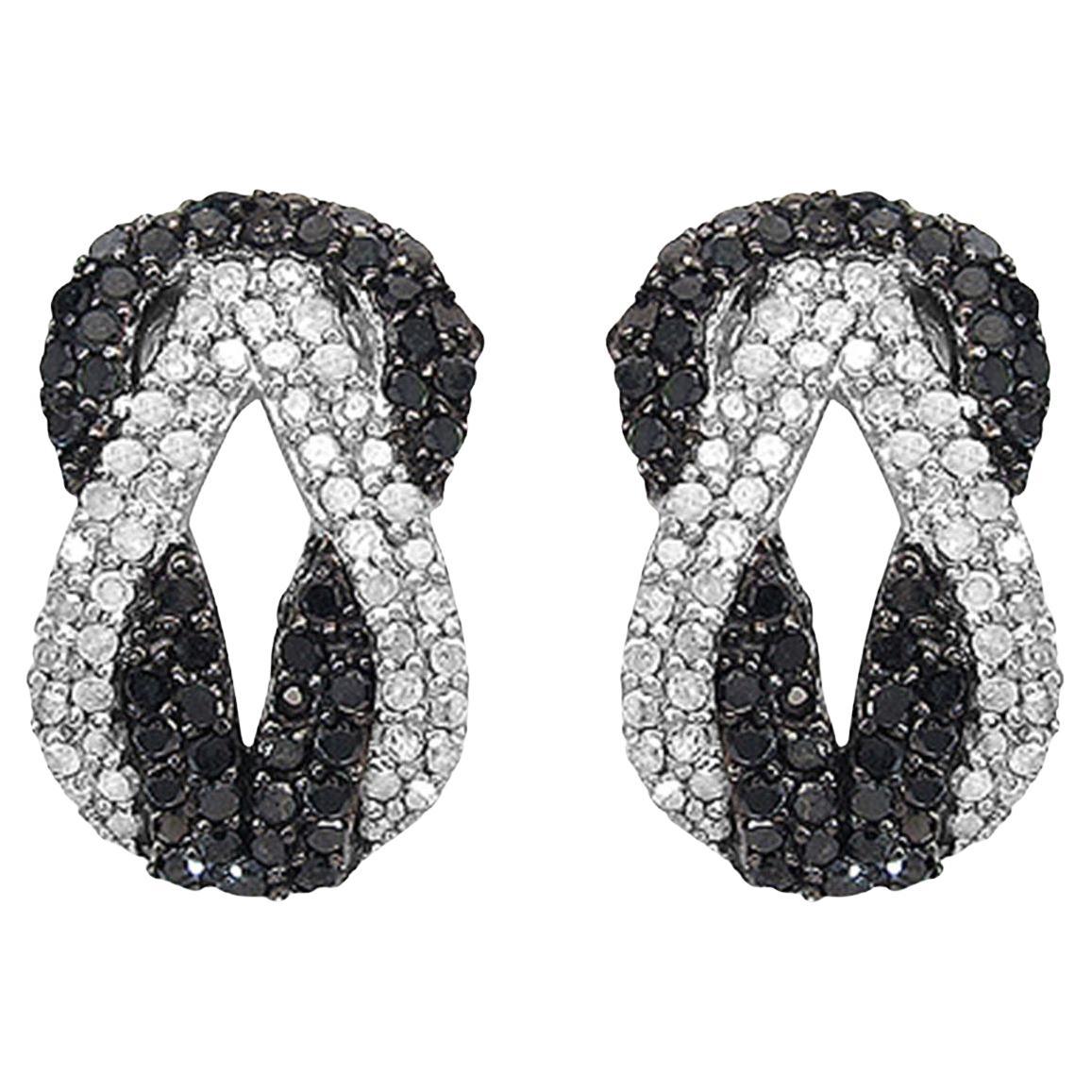 Infinity Knot Stud Earrings Black and White Diamonds Sterling Silver