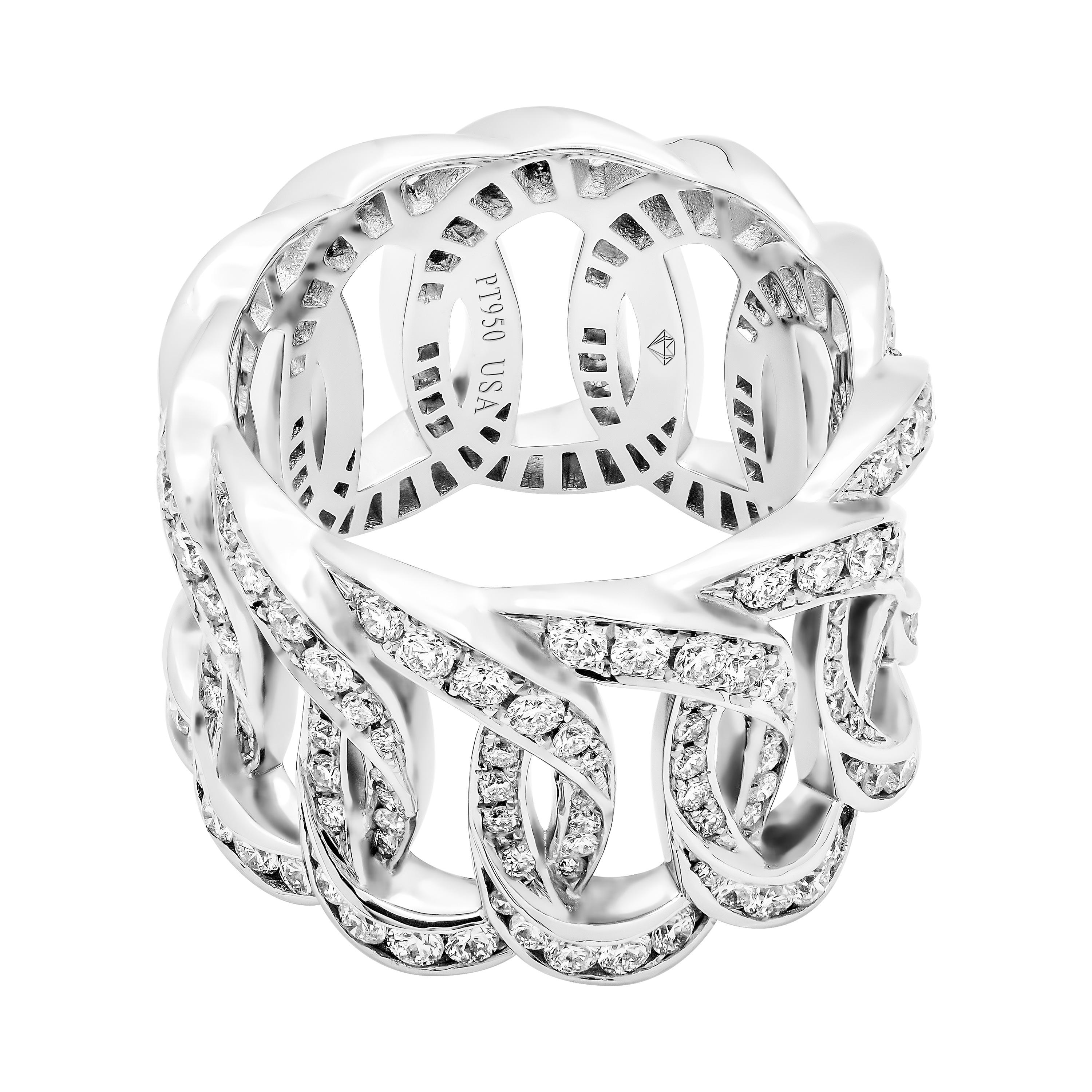 Infinity Link Diamond Band In Platinum 950
Beautiful and Timeless piece of Jewelry! Trend of this season,
Mounted in Platinum with almost 300 full cut pave diamonds F-G color, VVS, totaling 2.05ct 
Ring Details: 
Size: 6.25 (because this band is