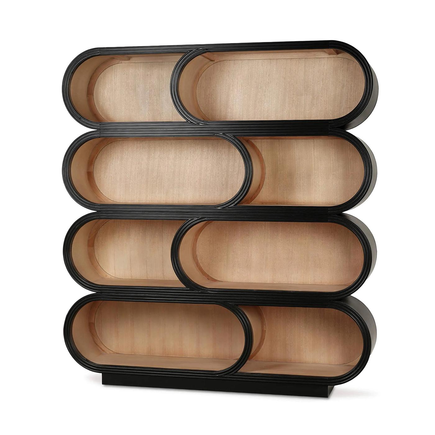 Composed of a rhythmic stack of oval compartments, this bookcase creates visual impact through form and contrast. Shown in a rich Batavia Black exterior with a warm fruitwood interior, each capsule-shaped shelf can showcase books and objects like