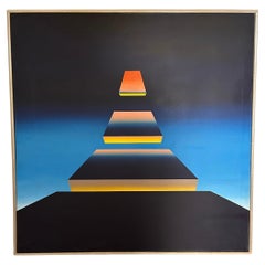 « Infinity Ramp », grande acrylique abstraite géométrique bleue, jaune et rose sur toile