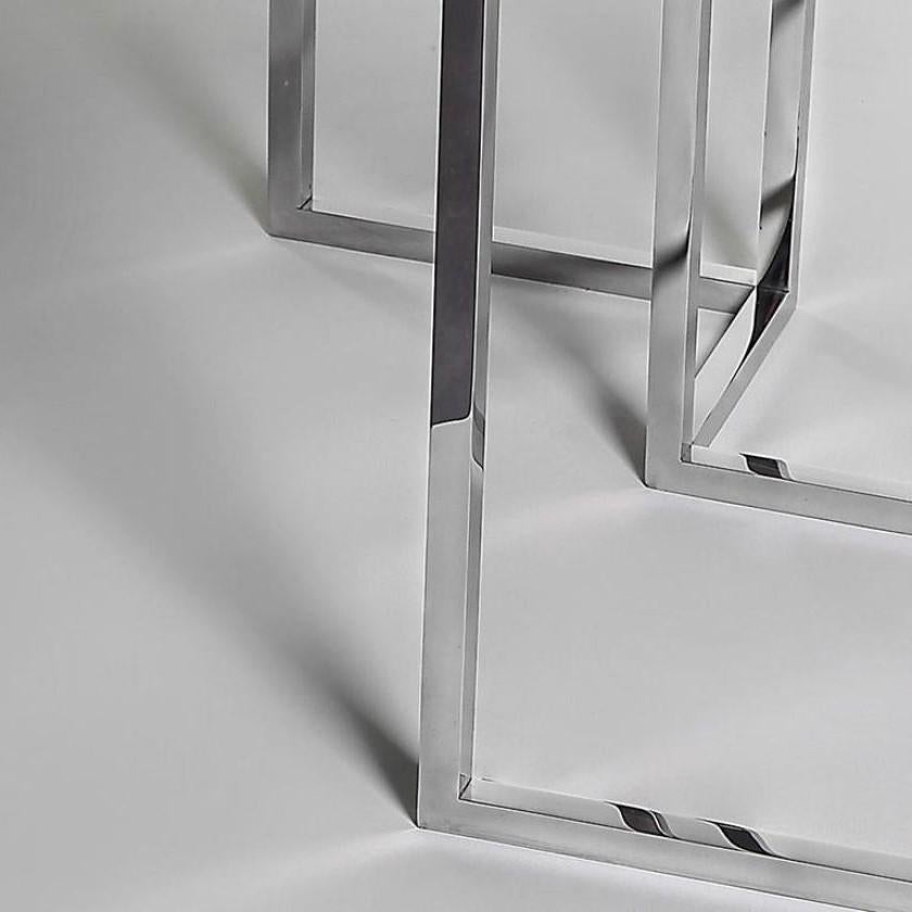 Modern Infinity, Side Table in Hand Polished Stainless Steel and Travertine Marble For Sale