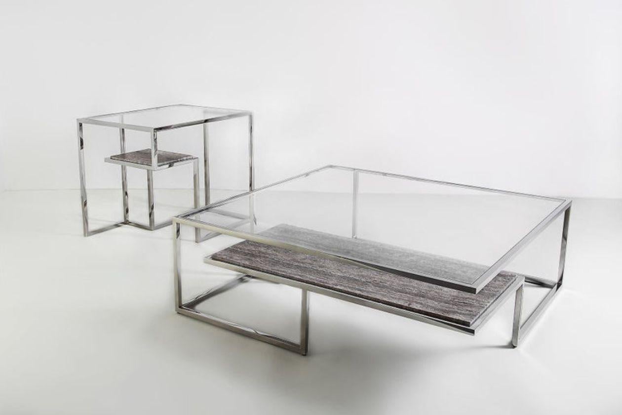 Lebanese Infinity, Side Table in Hand Polished Stainless Steel and Travertine Marble For Sale