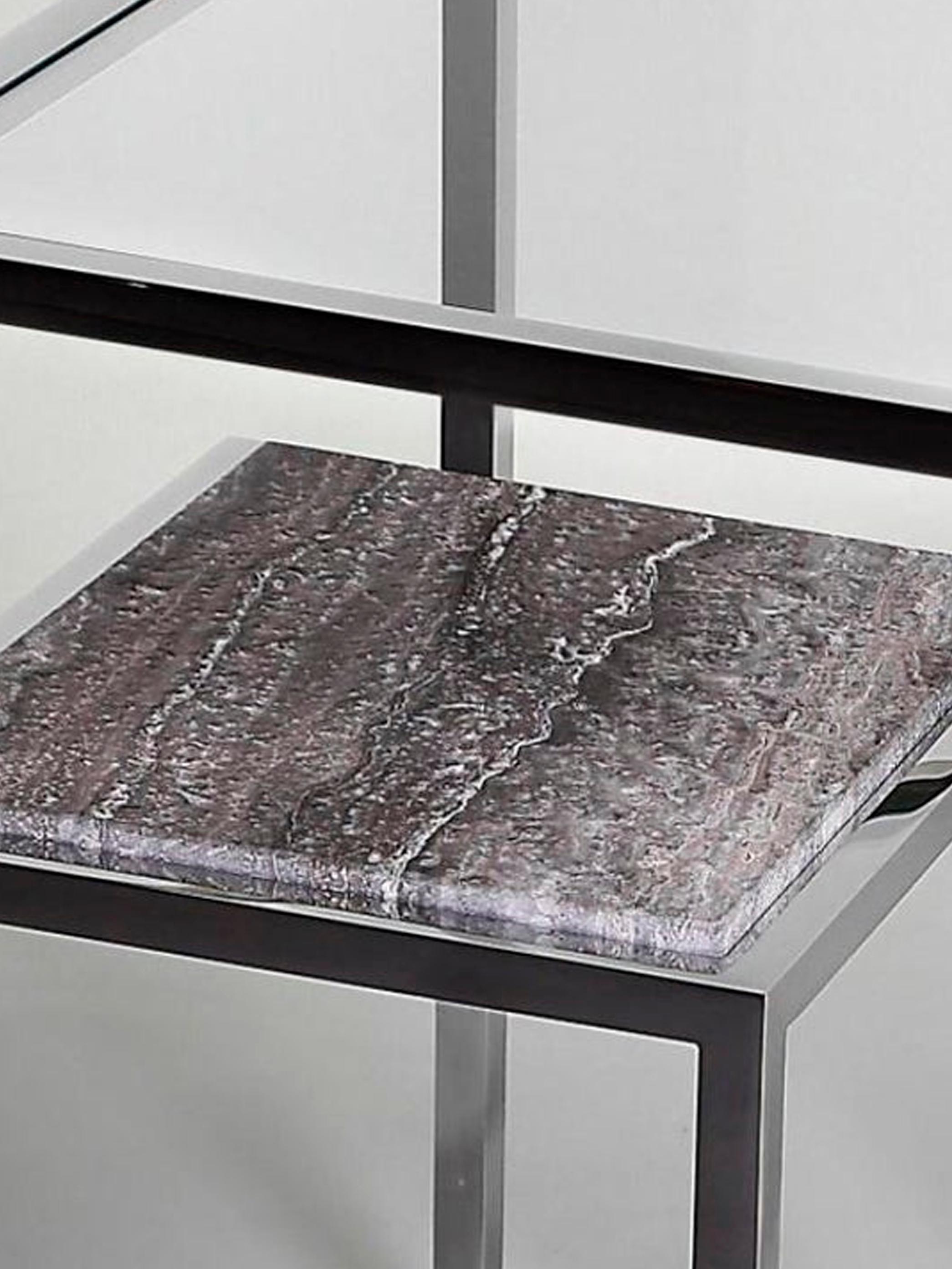 Infinity, Side Table in Hand Polished Stainless Steel and Travertine Marble In New Condition For Sale In Beirut, LB