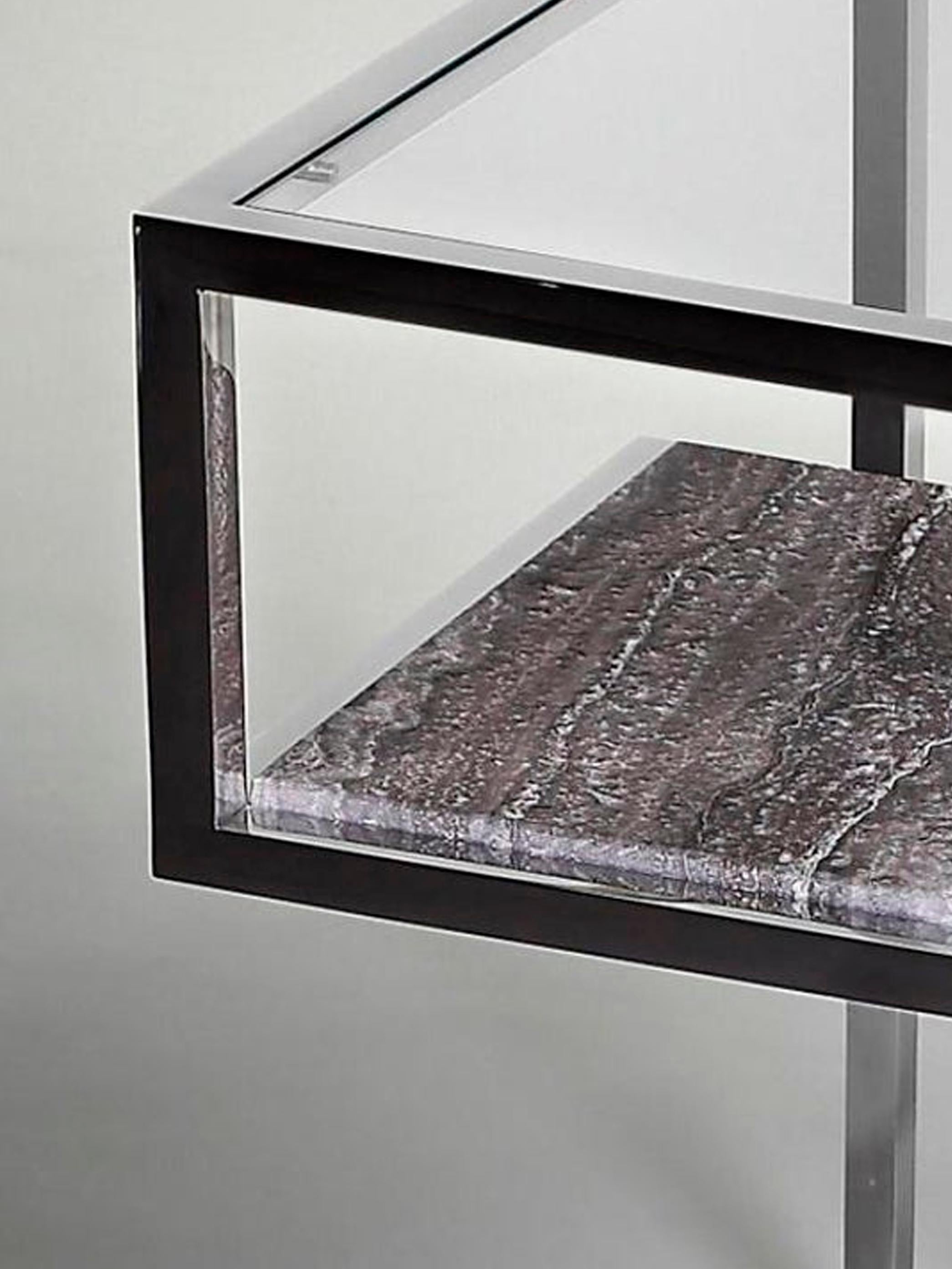 Contemporary Infinity, Side Table in Hand Polished Stainless Steel and Travertine Marble For Sale
