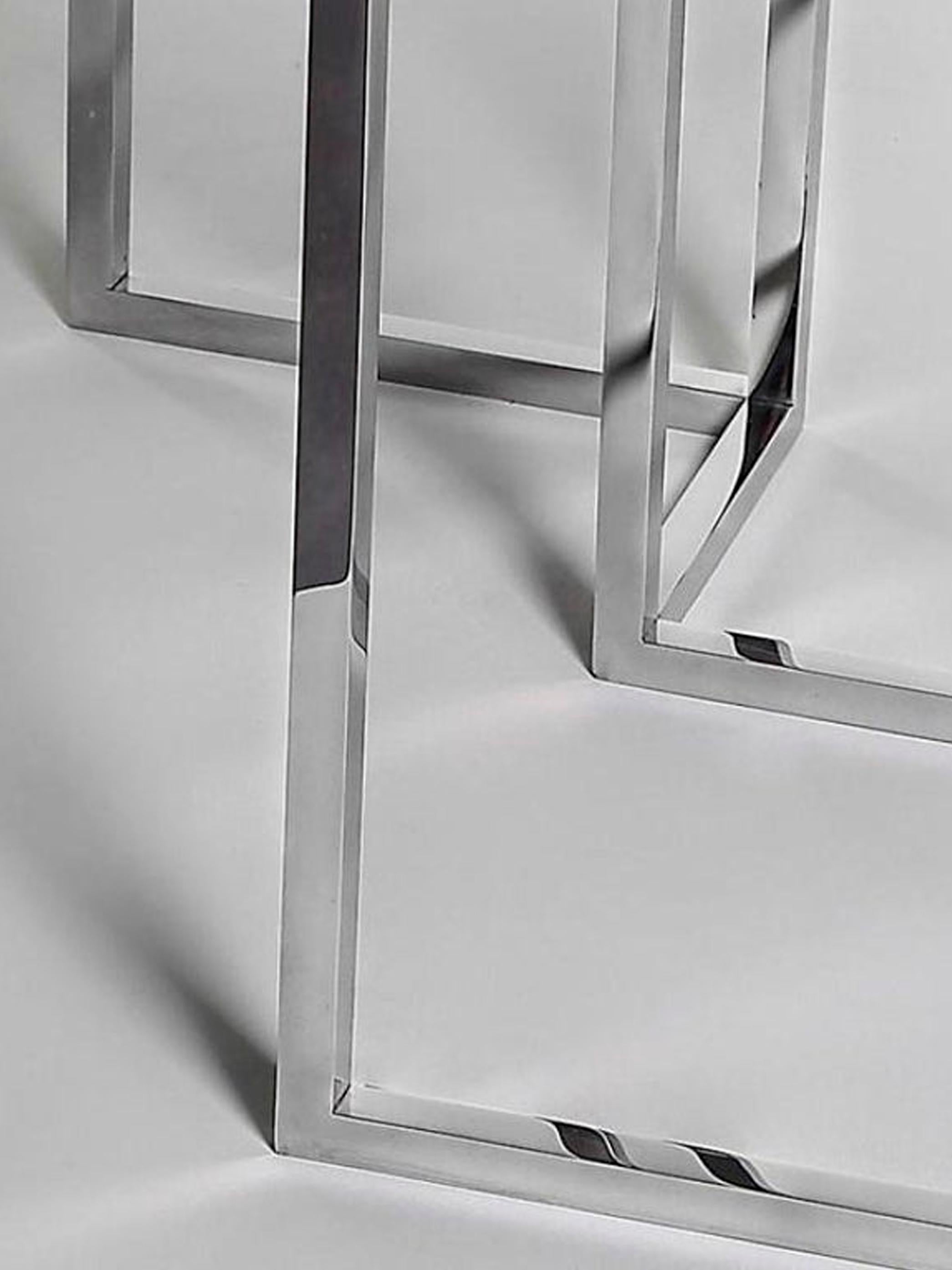 Infinity, Side Table in Hand Polished Stainless Steel and Travertine Marble For Sale 1