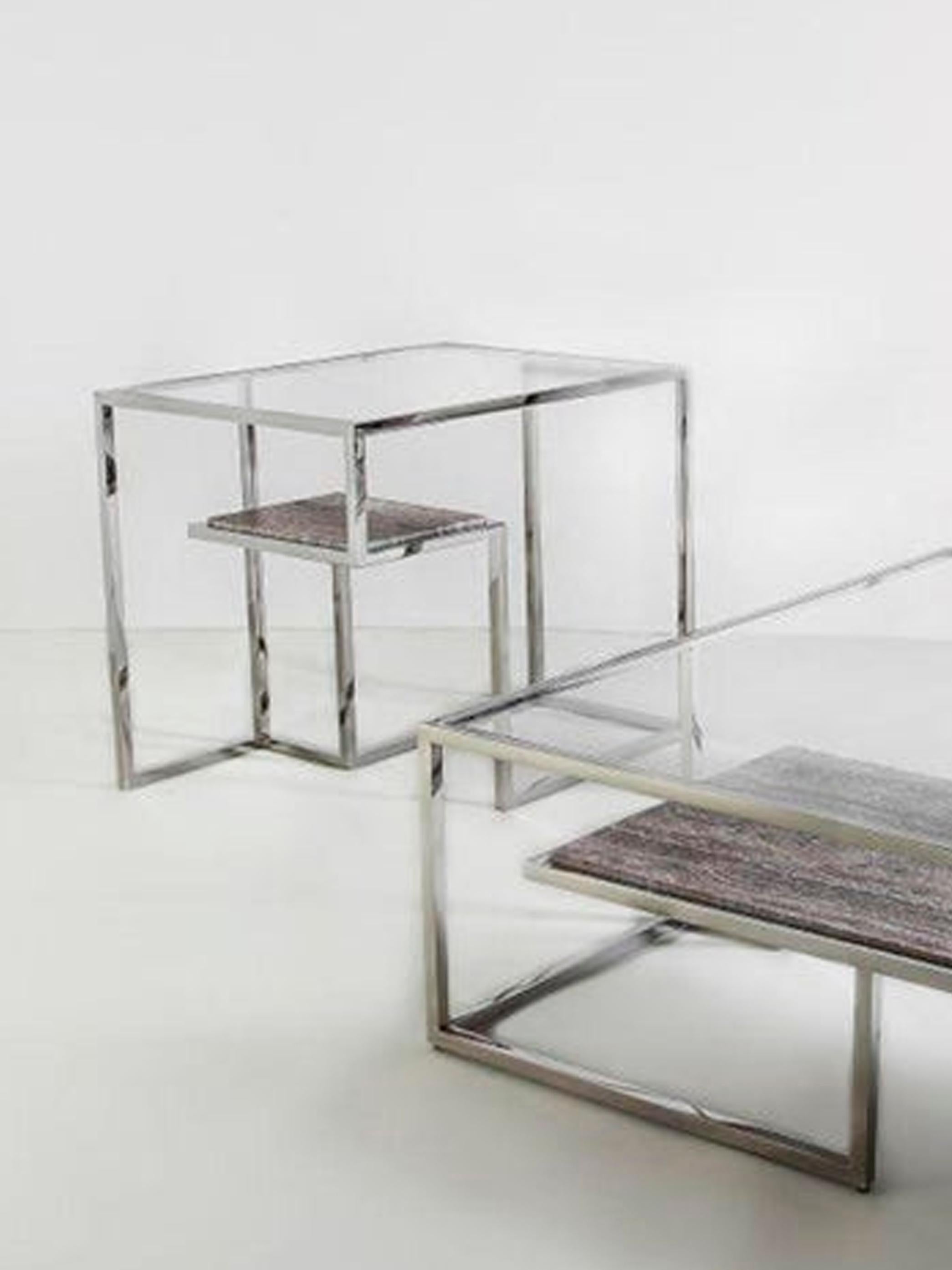 Infinity, Side Table in Hand Polished Stainless Steel and Travertine Marble For Sale 2