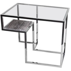 Infinity, Side Table in Hand Polished Stainless Steel and Travertine Marble