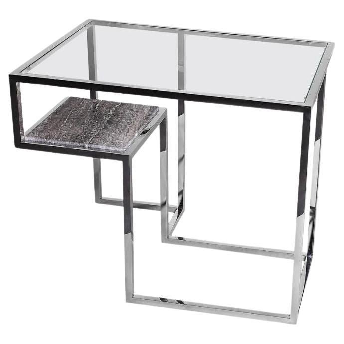Infinity, Side Table in Hand Polished Stainless Steel and Travertine Marble For Sale