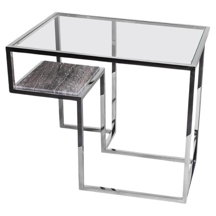 Infinity, Mesa auxiliar de acero inoxidable pulido a mano y mármol travertino