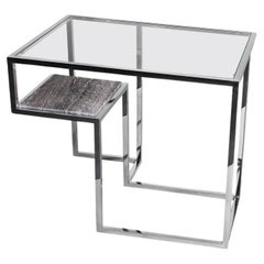 Infinity, Side Table in Hand Polished Stainless Steel and Travertine Marble