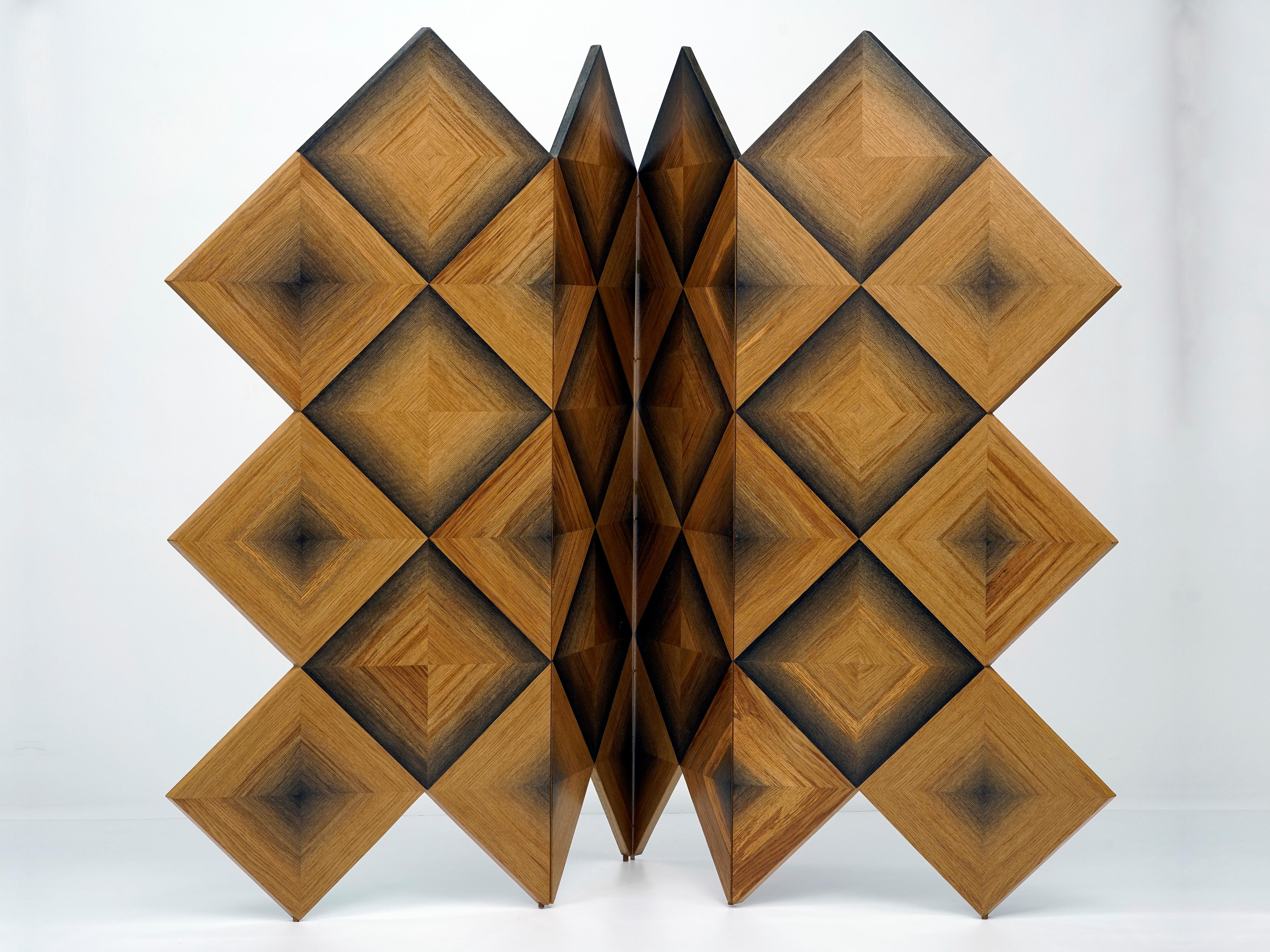 Contemporary Infinity Square Marquetry 4-Panel Screen in 1, 200 Year-Old Bog Oak For Sale