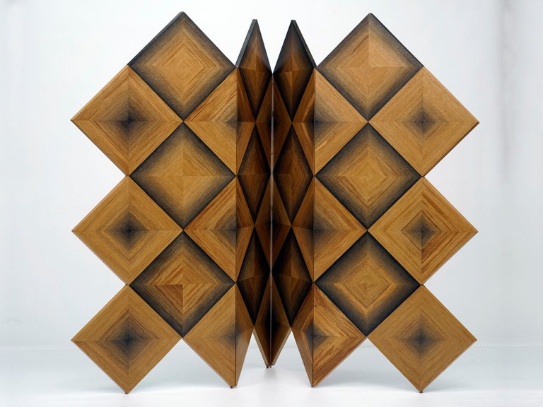 Infinity Square Marquetry 4-Panel Screen in 1,200 Year-Old Bog Oak For Sale 2