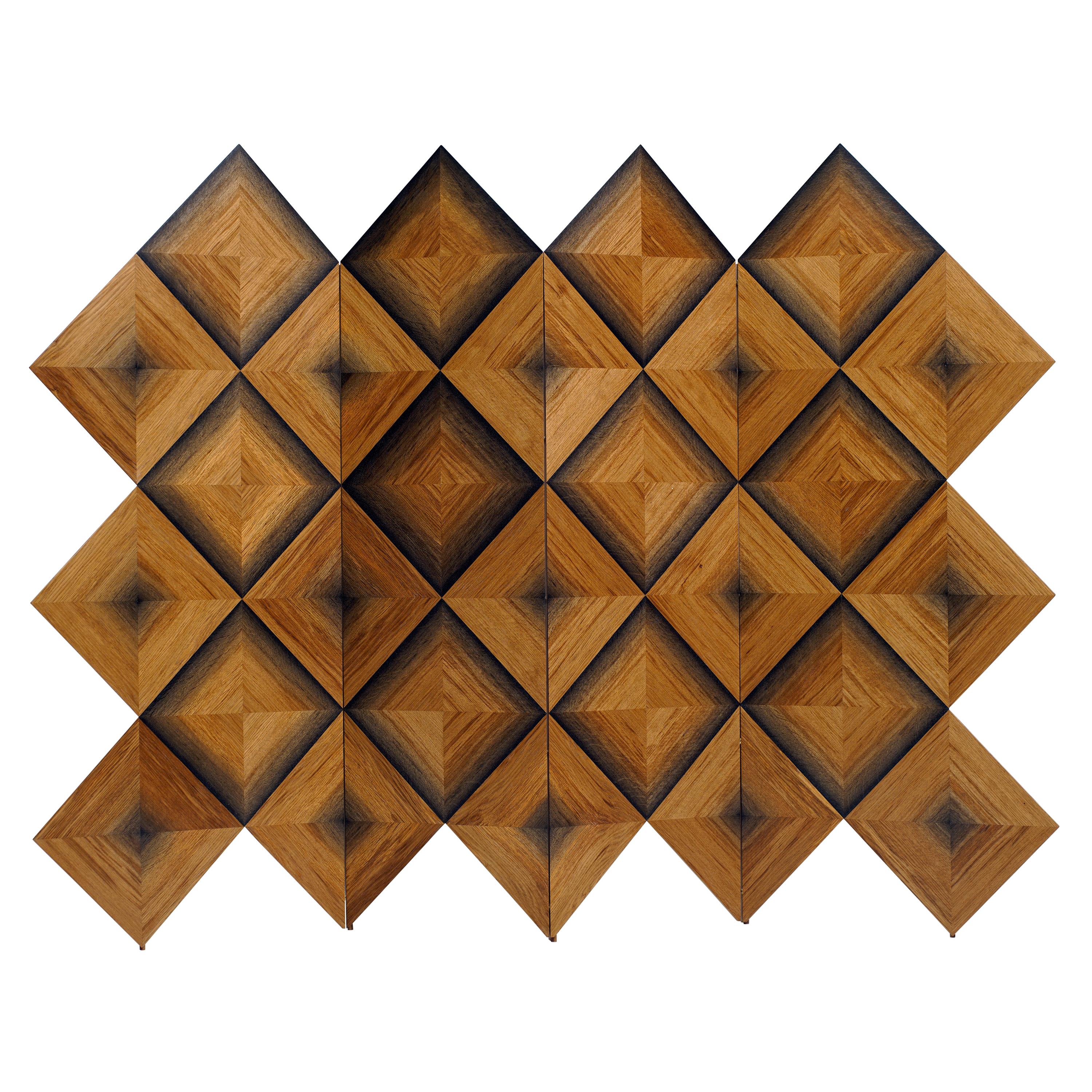 Infinity Square Marquetry 4-Panel Screen in 1, 200 Year-Old Bog Oak