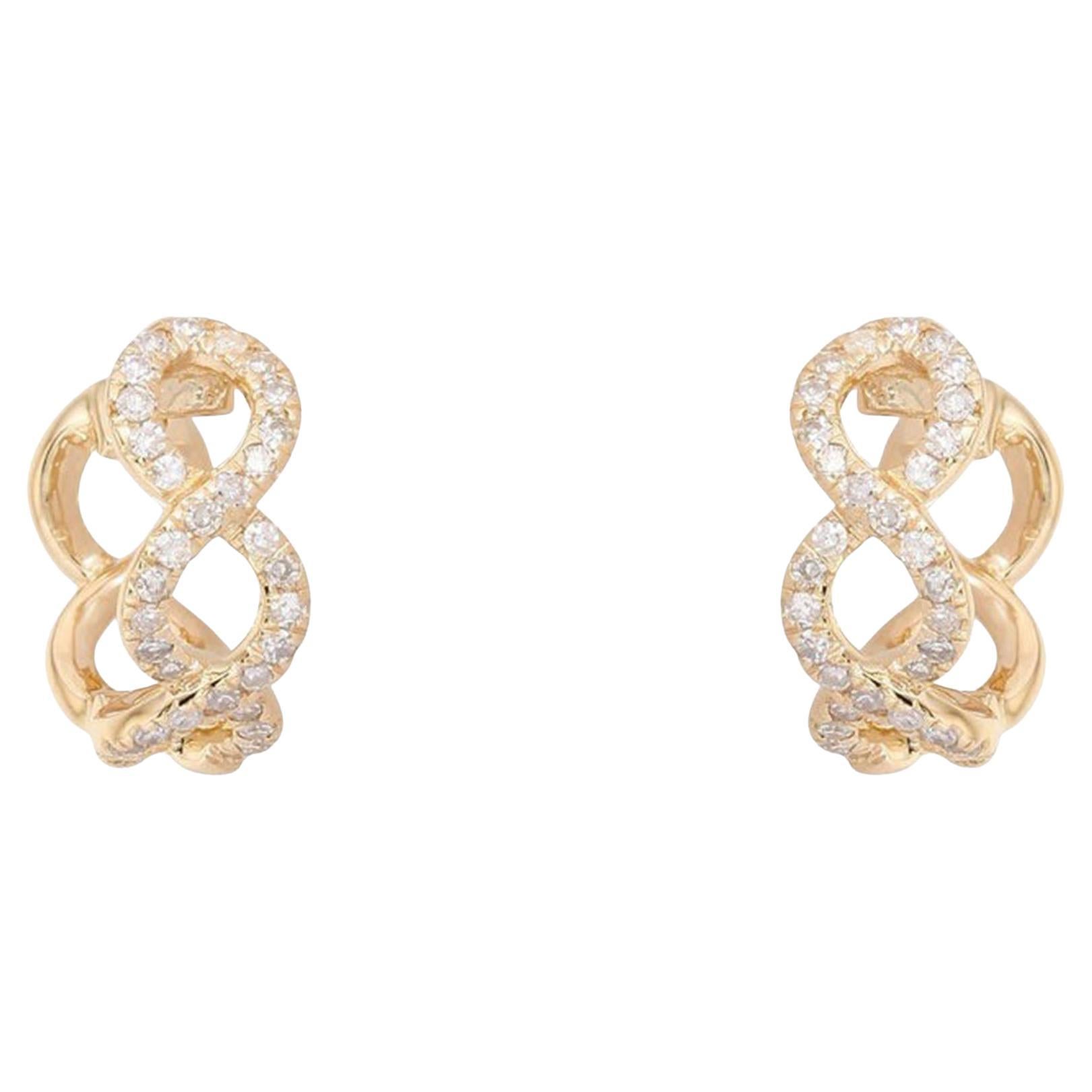 0.30ct Diamond Infinity Twist 14K Gold Huggie Earrings For Sale